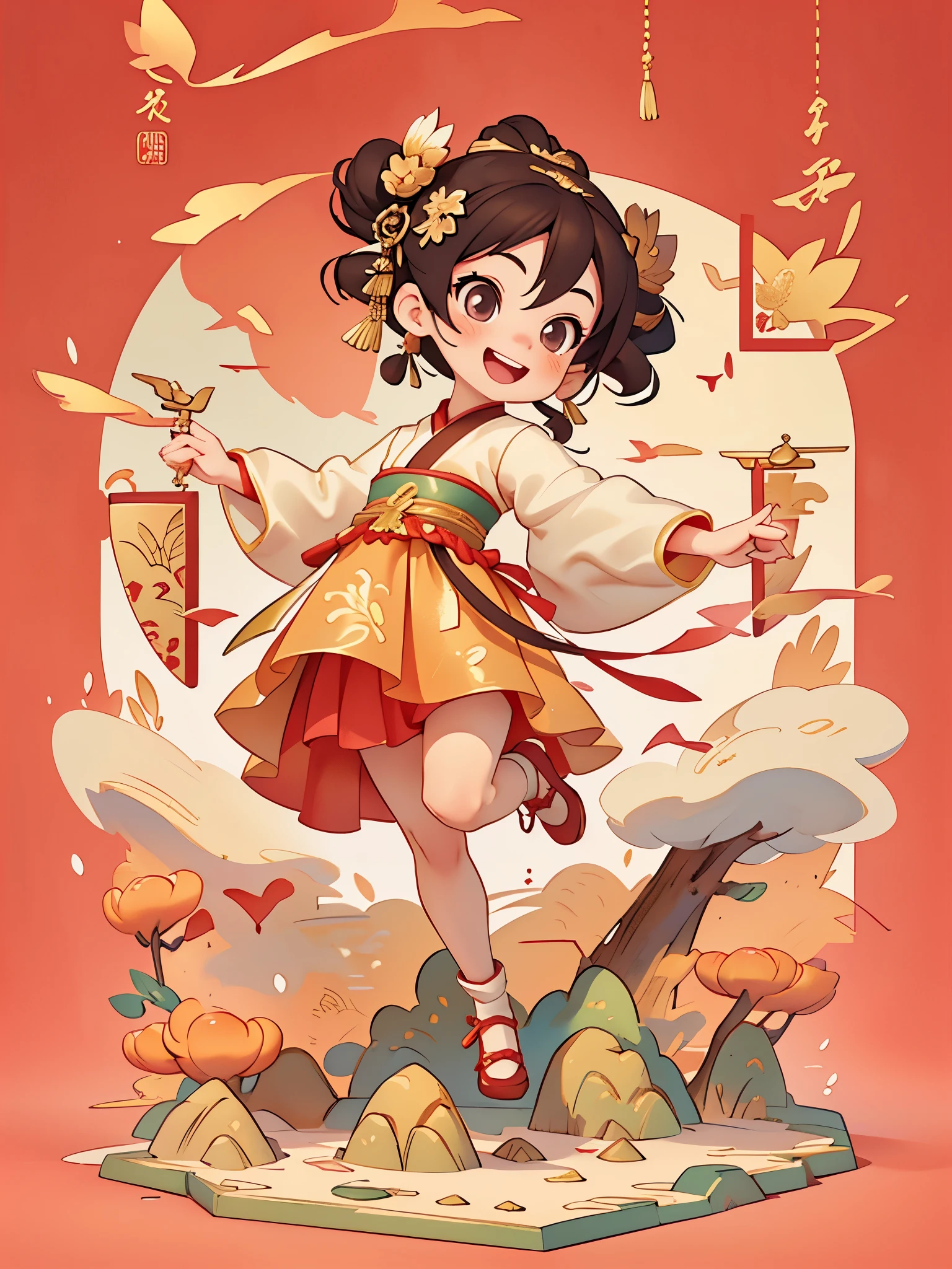 Create a series of Chinese New Year themed greeting cards，（masterpiece)，(best quality)，(official art)，(Beauty and aesthetics:1.2)，((3D))，Cute  holding a box full of gold coins，Treasure chests, treasures，Smiling happily to the audience，open mouth，The little girlaring exquisite classical Hanfu，((long skirt))，She has brown twintails，All greeting cards should follow the same Chinese red pattern with a solid color background and be complete within the image, exhibit (whole body: 1.5)，She must have a dark brown twintails，Your eyes should be large and expressive，long eyelashes and rosy cheeks，Smile is delicate and white，elegant movements，gold foil，gold foil艺术，Flash drawing，