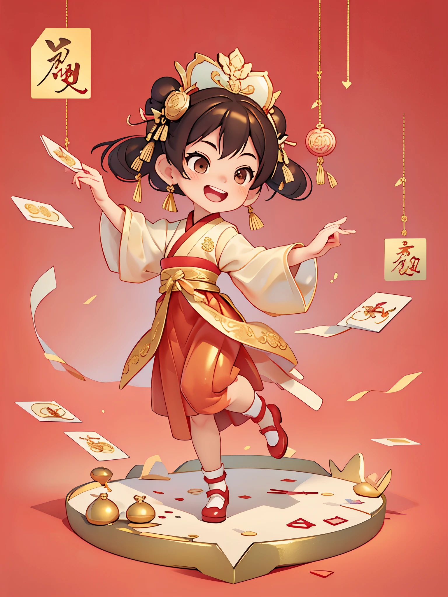 Create a series of Chinese New Year themed greeting cards,(masterpiece),(best quality),(official art),(Beauty and aesthetics:1.2),((3D)),Cute girl holding a box full of gold coins,Treasure chests, treasures,Smiling happily to the audience,open mouth,The littlemust be wearing exquisite classical Hanfu,((long skirt)),She has brown twintails,All greeting cards should follow the same Chinese red pattern with a solid color background and be complete within the image, exhibit (whole body: 1.5),She must have a dark brown twintails,Your eyes should be large and expressive,long eyelashes and rosy cheeks,Smile is delicate and white,elegant movements,gold foil,gold foil艺术,Flash drawing,