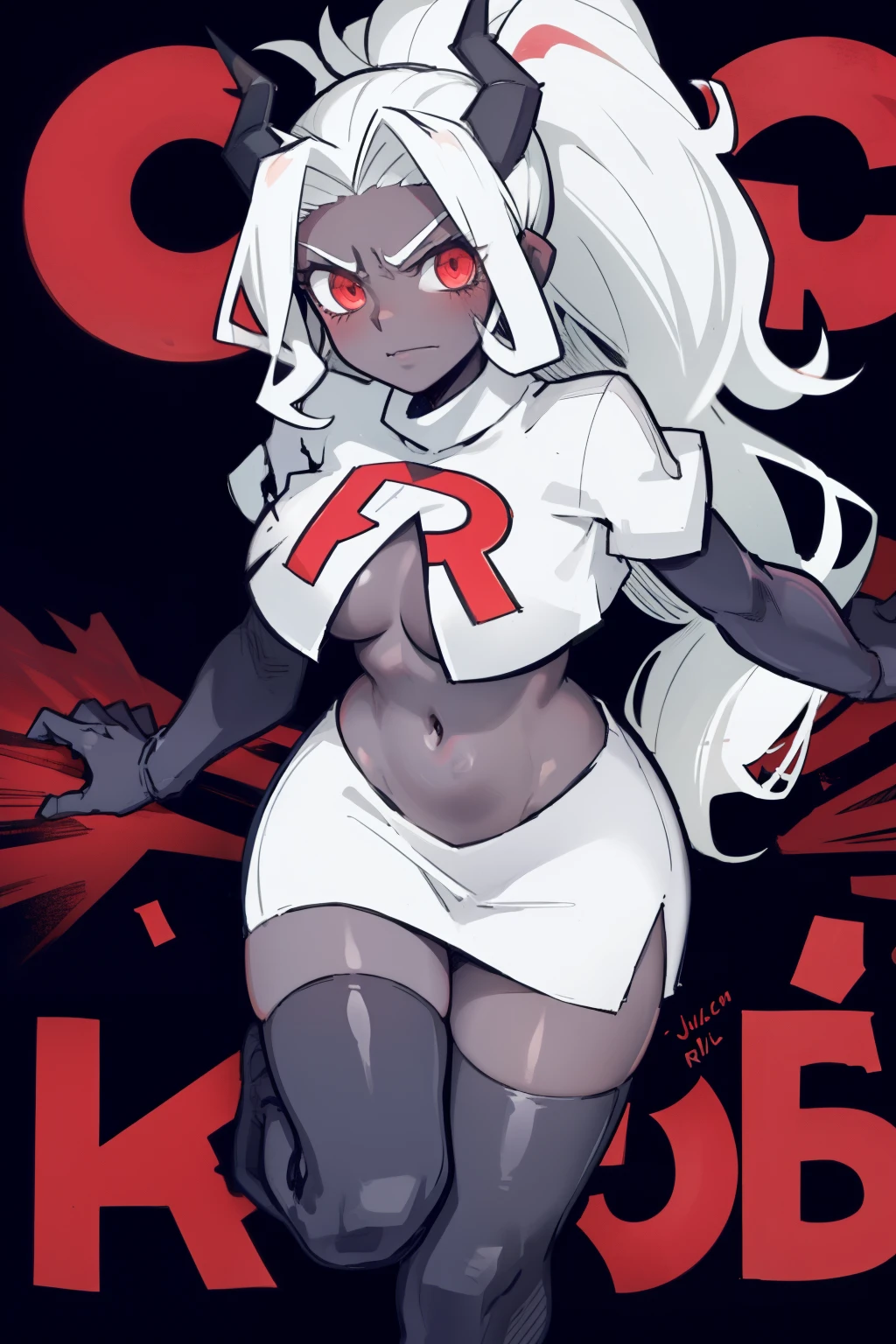 masterpiece, best quality,judgement with dark skin, white hair,team rocket,team rocket uniform,white skirt,red letter R,crop top,black thigh-highs,black elbow gloves, comic strip