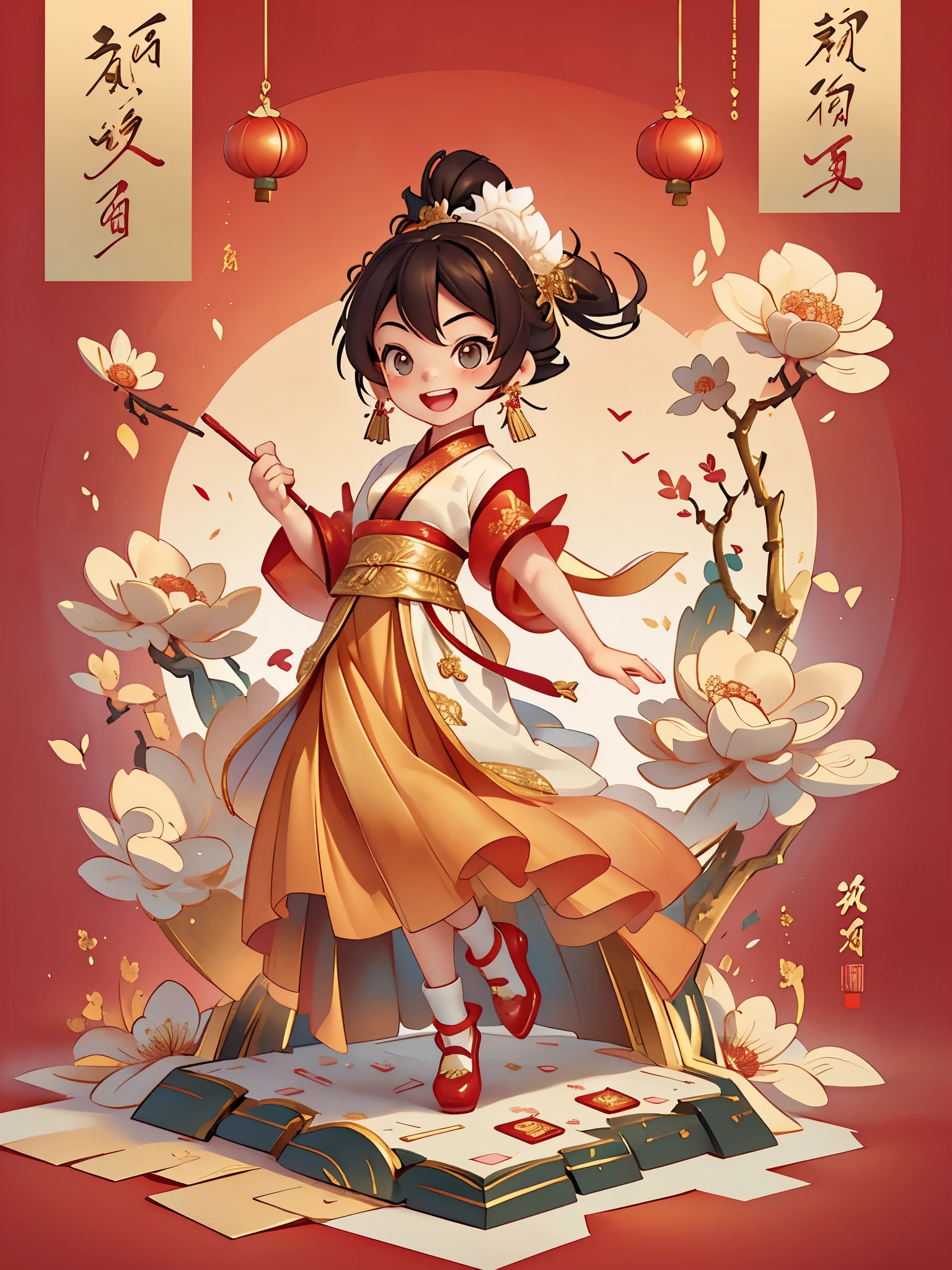 Create a series of Chinese New Year themed greeting cards,(masterpiece),(best quality),(official art),(Beauty and aesthetics:1.2),((3D)),Cute holding a box full of gold coins,Treasure chests, treasures,Smiling happily to the audience,open mouth,The little girlaring exquisite classical Hanfu,((long skirt)),She has brown twintails,All greeting cards should follow the same Chinese red pattern with a solid color background and be complete within the image, exhibit (whole body: 1.5),She must have a dark brown twintails,Your eyes should be large and expressive,long eyelashes and rosy cheeks,Smile is delicate and white,elegant movements,gold foil,gold foil艺术,Flash drawing,