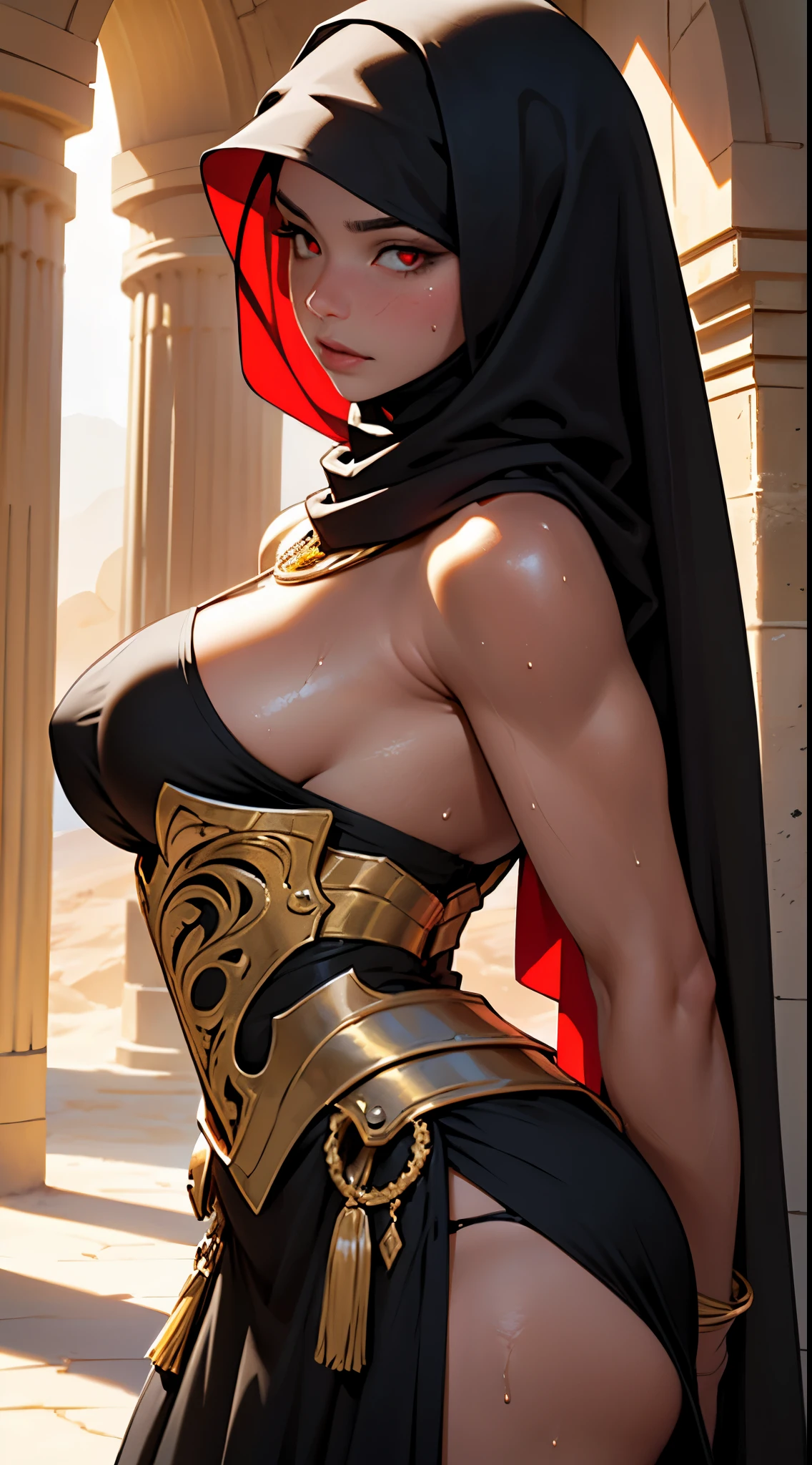 master piece, best quality, photorealistic, high resolution, 1 girl, close up portrait,
desert queen, black hijab, black niqab, black dress, intricate golden armor, intricate golden embroidery,
beautiful red eyes, ultra detailed armpit, steamy sweaty armpit, tanned, glossy skin
desert castle, back lighting, volumetric lighting,