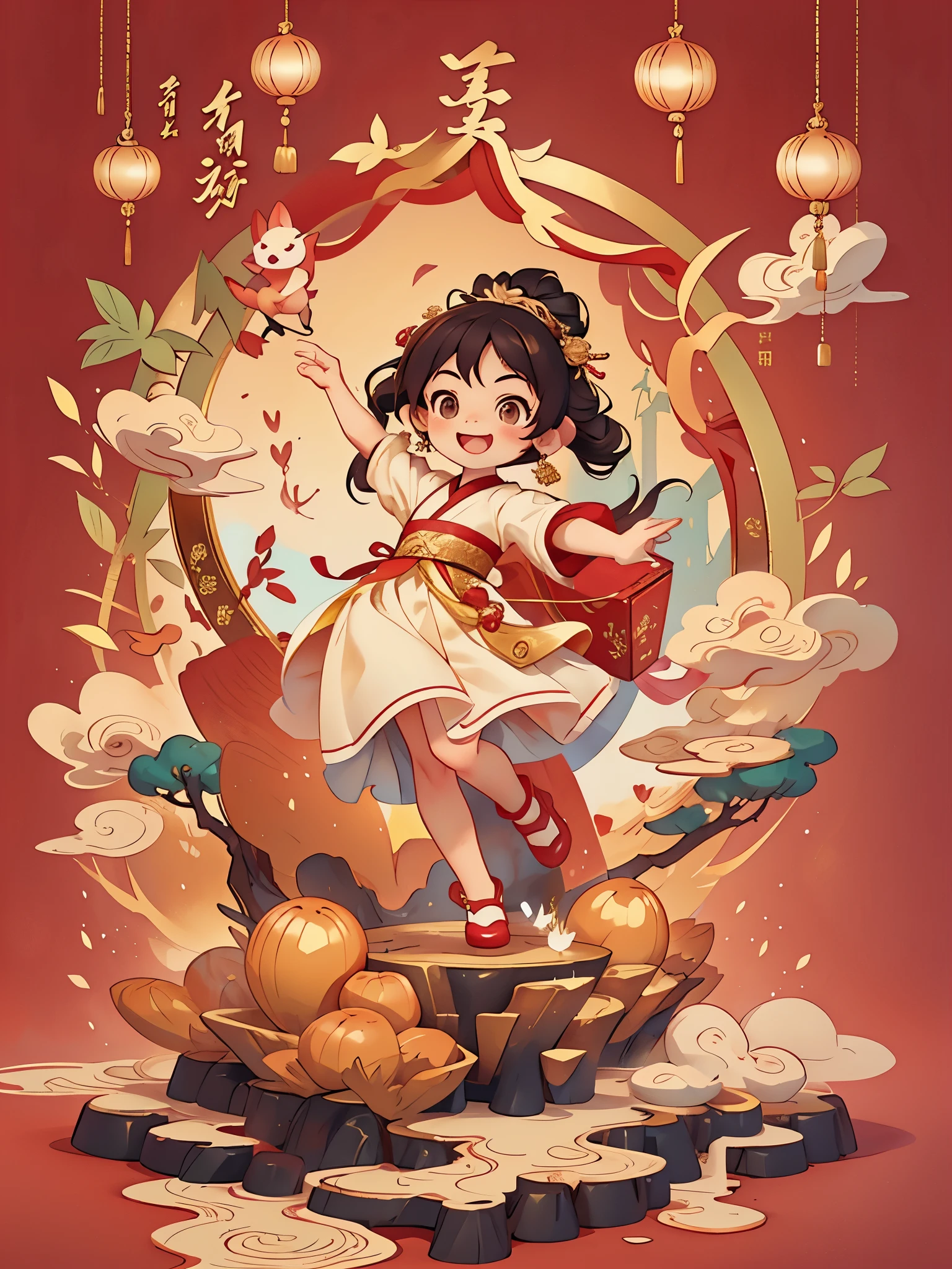 Create a series of Chinese New Year themed greeting cards，（masterpiece)，(best quality)，(official art)，(Beauty and aesthetics:1.2)，((3D))，Cute little girl holding a box full of gold coins，Treasure chests, treasures，Smiling happily to the audience，open mouth，The little girl must be wearing exquisite classical Hanfu，((long skirt))，She has brown twintails，All greeting cards should follow the same Chinese red pattern with a solid color background and be complete within the image, exhibit (whole body: 1.5)，She must have a dark brown twintails，Your eyes should be large and expressive，long eyelashes and rosy cheeks，Smile is delicate and white，elegant movements，gold foil，gold foil艺术，Flash drawing，