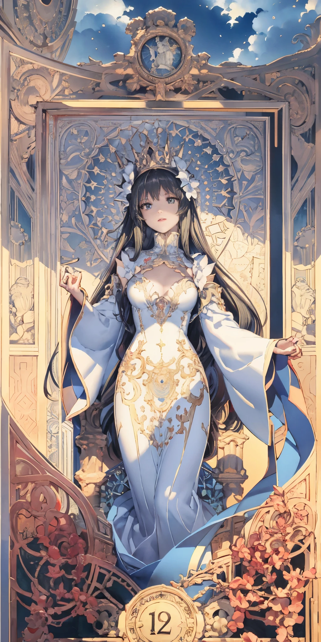 Slim floral border,Hestia, the queen of God, full bodyesbian, Decorative panels, abstract artistic, Alphonse Mucha (tmasterpiece, best qualtiy, A high resolution: 1.4), A detailed, Complicated details, 4K, Color splattering, Line art, Fibonacci, starrysky, natta, exteriors, Clouds, Reflectors, Eau, magick, (tarot cards),Cards, ((beautiful golden crystal star)) buliding, palaces, Patterned, Sumeru, Clouds, themoon