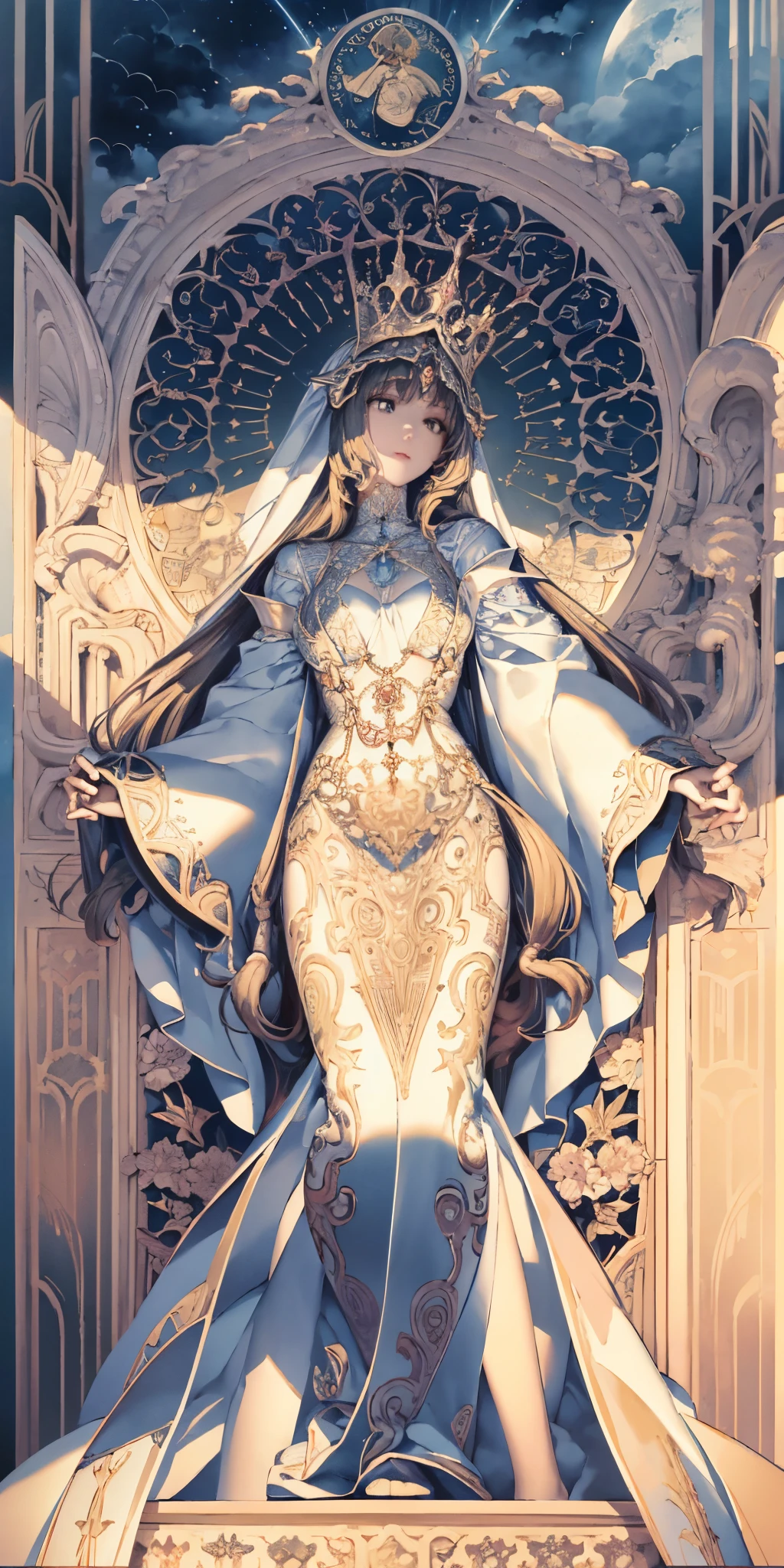 Slim floral border,Hestia, the queen of God, full bodyesbian, Decorative panels, abstract artistic, Alphonse Mucha (tmasterpiece, best qualtiy, A high resolution: 1.4), A detailed, Complicated details, 4K, Color splattering, Line art, Fibonacci, starrysky, natta, exteriors, Clouds, Reflectors, Eau, magick, (tarot cards),Cards, ((beautiful golden crystal star)) buliding, palaces, Patterned, Sumeru, Clouds, themoon