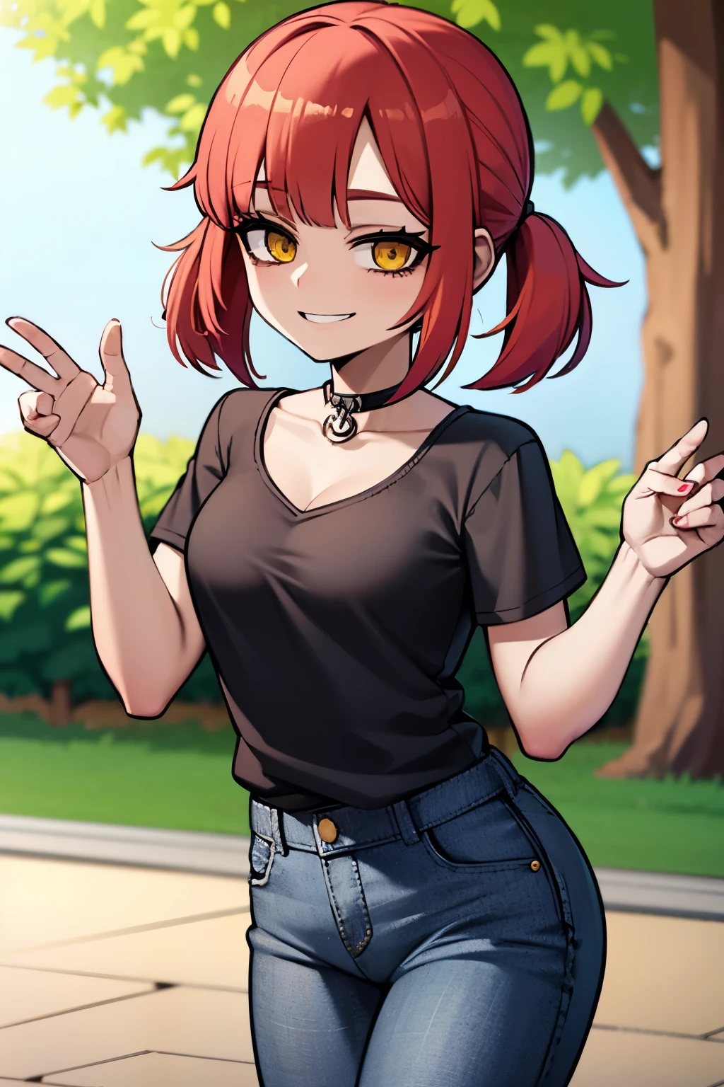 girl, small breasts, red hair, pink bangs, twintails hairrstyle, girl, wearing black shirt, wearing neck lace, silver neck lace, jeans short, , smiling, looking at viewer, yellow eyes, in a park, threes behind, 4k, masterpiece, 8k,