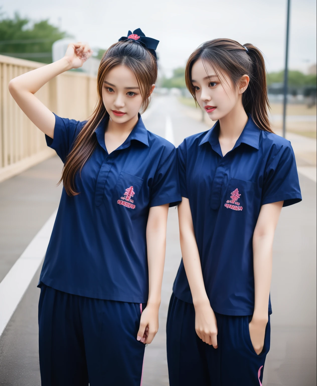 2 girls in fitness center, Navy blue short-sleeved shirt,Navy Long Trackpant,Sweatpants, Sweatpantsขายาว,25 year old girl, lesbian, sexy, exercise clothes, wet body