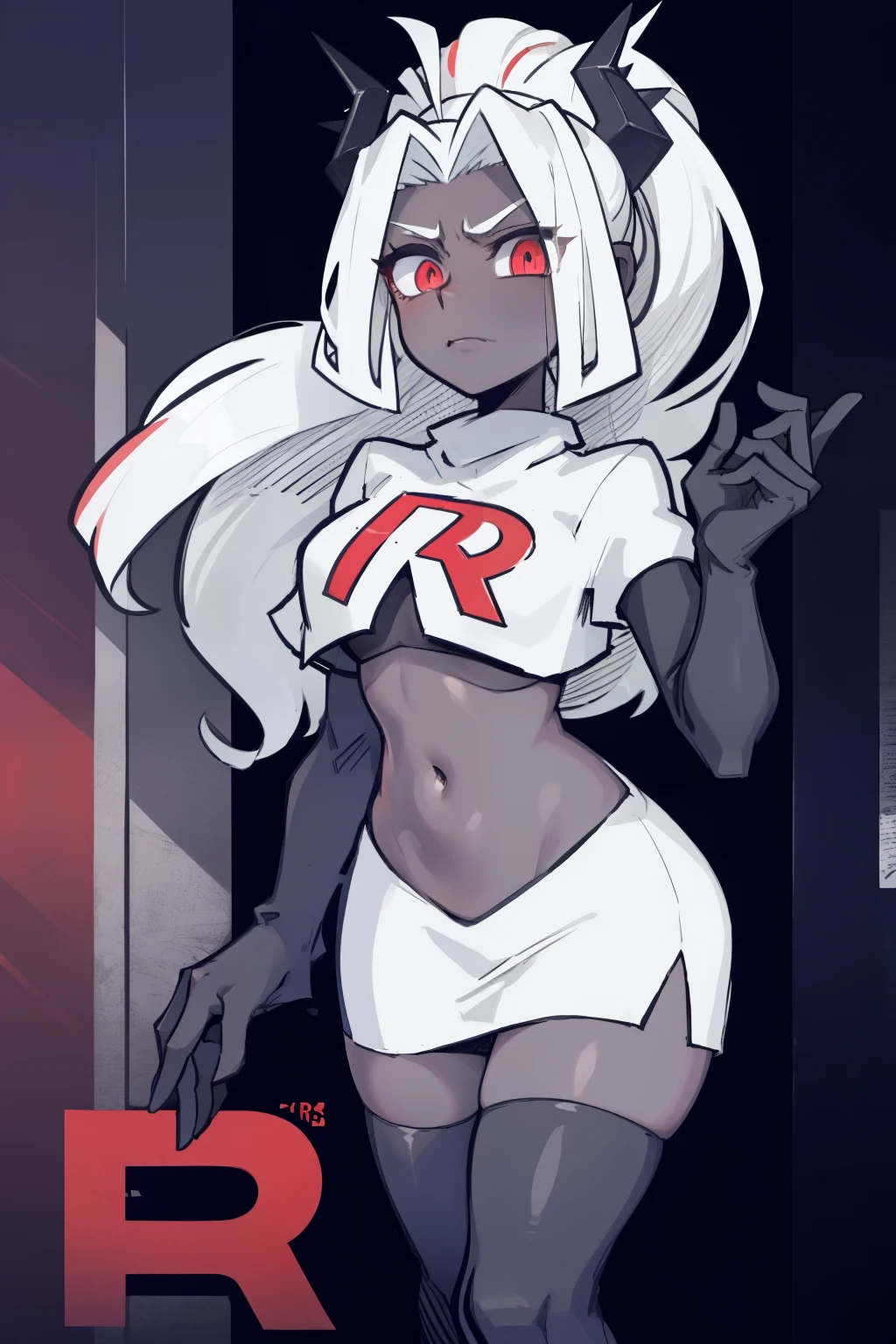 masterpiece, best quality,judgement with dark skin, white hair,team rocket,team rocket uniform,white skirt,red letter R,crop top,black thigh-highs,black elbow gloves, comic strip