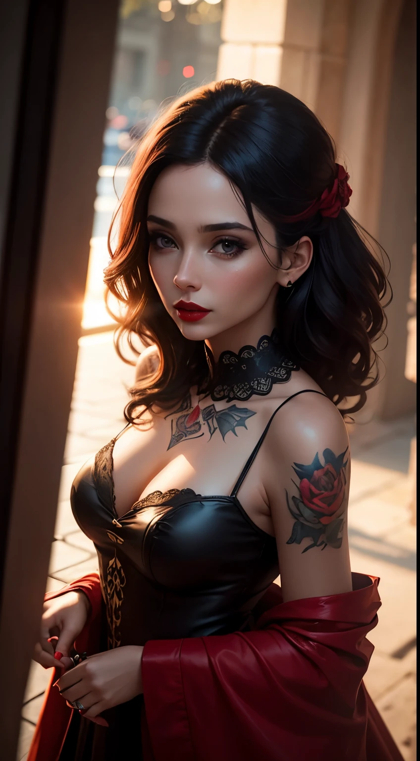 Woman, 30 years, romantic clothes, red lips, tatto, Surrealism, cinematic lighting, god rays, bokeh, UHD, masterpiece, super detail, high quality, from above, couple, boyfriend