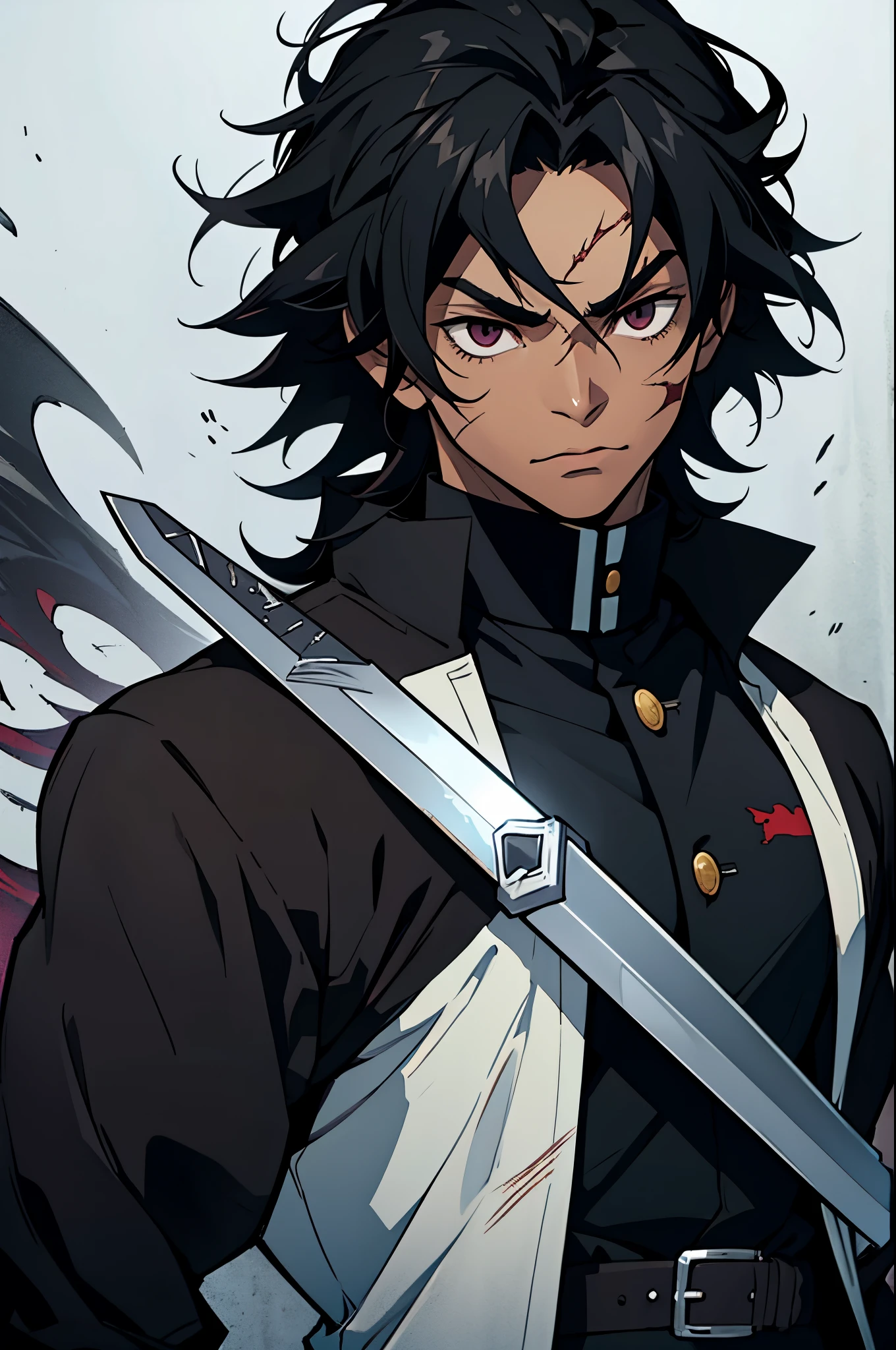 black young man, normal face, face bored, black hair, messy hair, , scar in face, demon slayer uniform, strong, sword, young