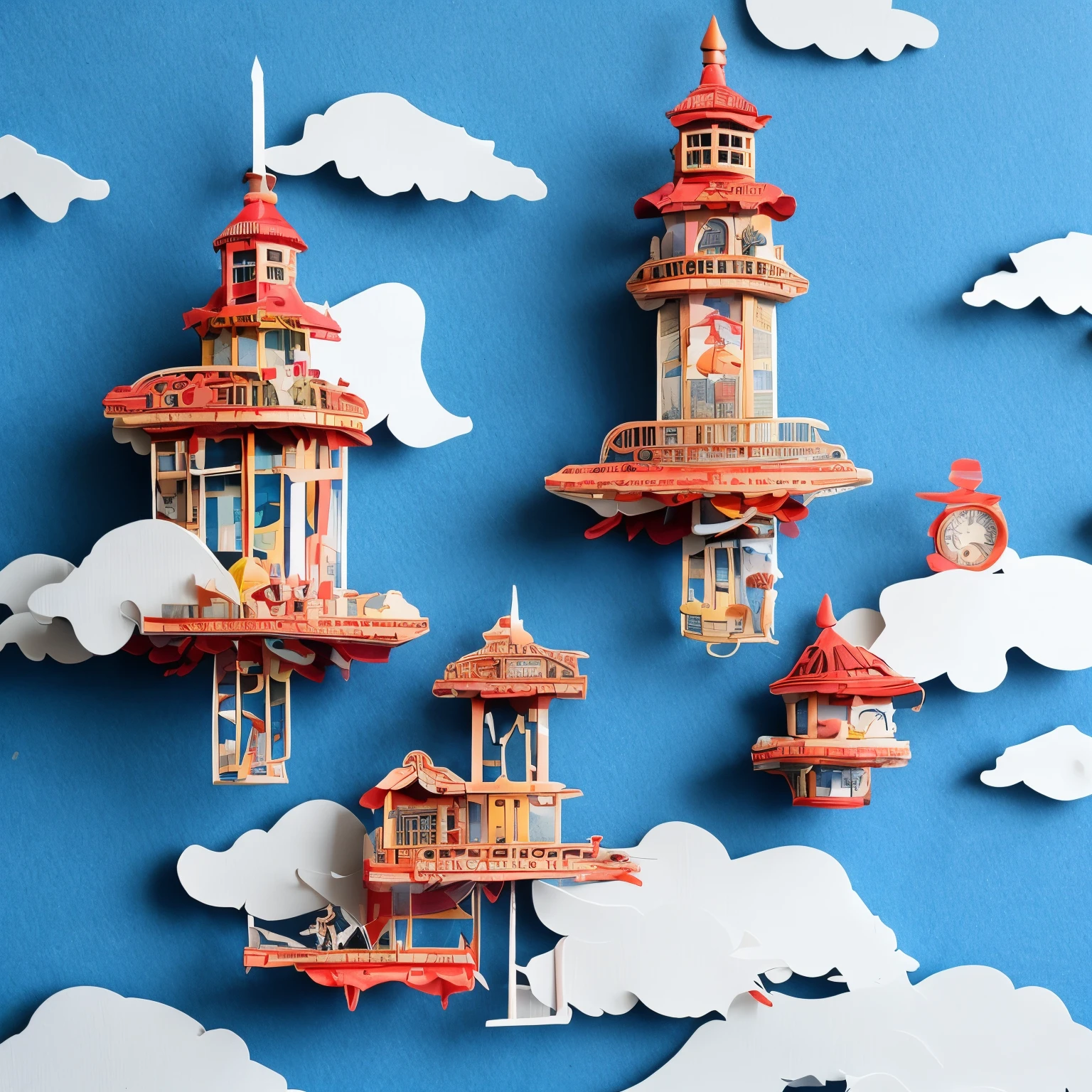 kuusoogai, papercut, a city in the clouds with a clock tower, flying machine, dull colors, (masterpiece, top quality, best quality), blue sky