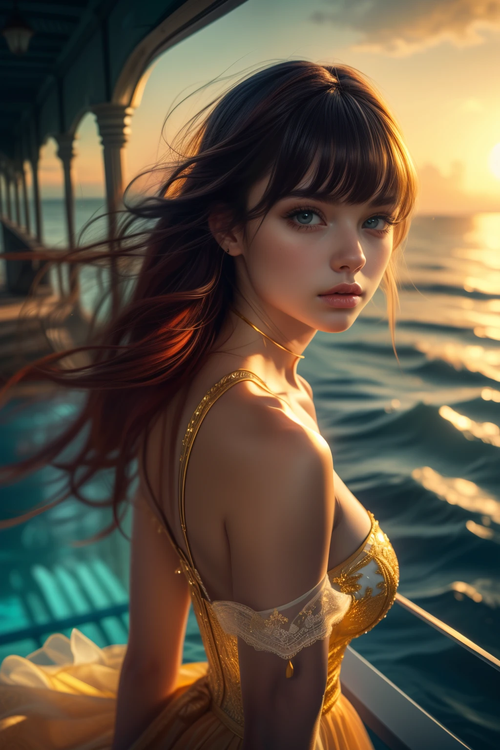 (best quality:1.2,highres:1.1), caucasian lady, elegant evening dress,beautiful detailed eyes,beautiful detailed lips,gentlewoman,black shark girl,long red hair with bangs blowing in the wind, (small breasts), mysterious atmosphere,balcony with dark and enchanting ocean background,ethereal lighting,portrait,professional,ultra-fine painting,vivid colours,bokeh,golden hour, turn around