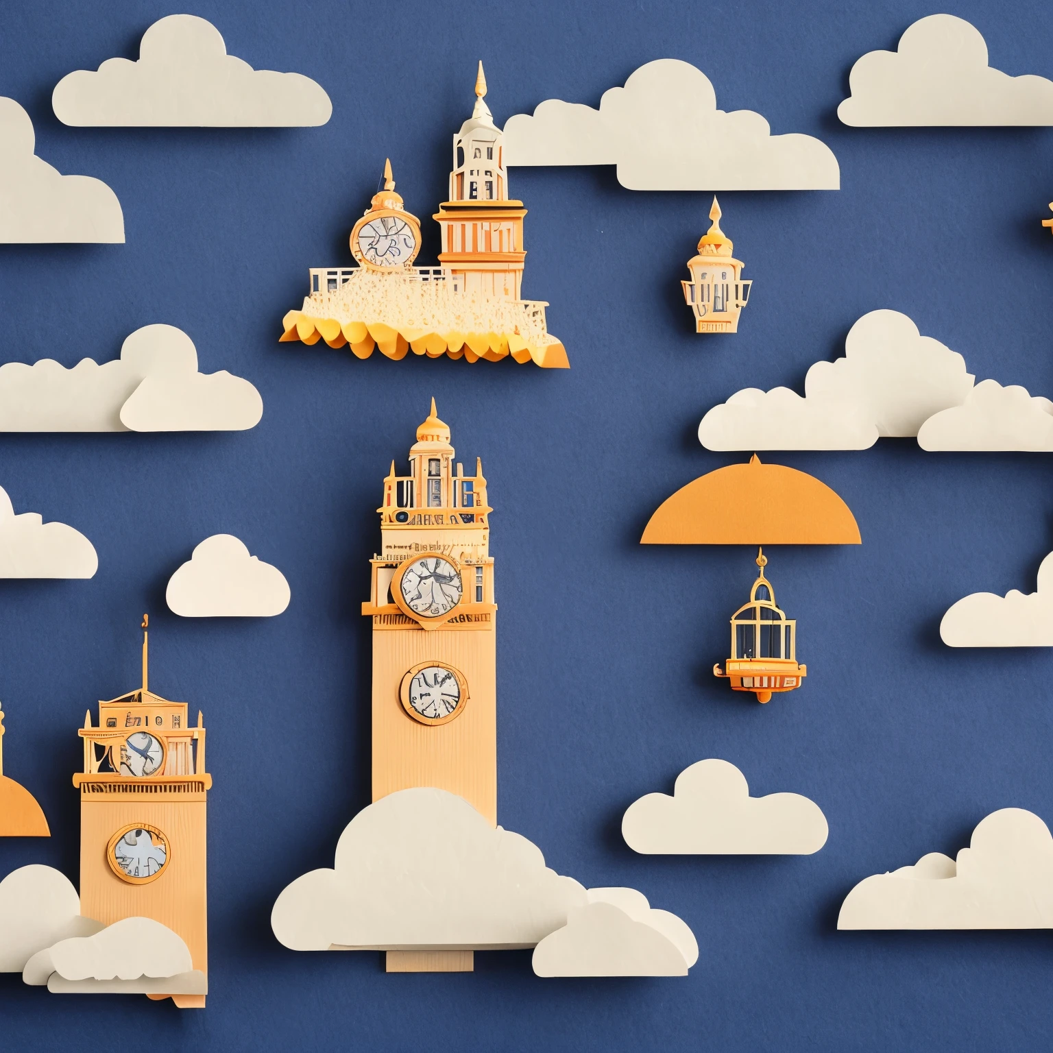 kuusoogai, papercut, a city in the clouds with a clock tower, flying machine, dull colors, (masterpiece, top quality, best quality), blue sky