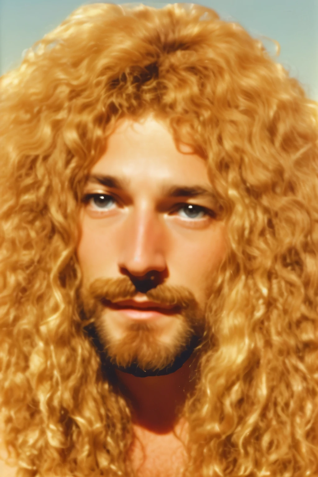 a close up of a man with long hair and a beard, young robert plant, robert plant, led zeppelin, very very curly blond hair, curly blonde hair | d & d, long shaggy-haired rocker, very very long blond curly hair, eddie, with long curly hair, john berkley, long fluffy blond curly hair, curly blond, long curly blonde hair