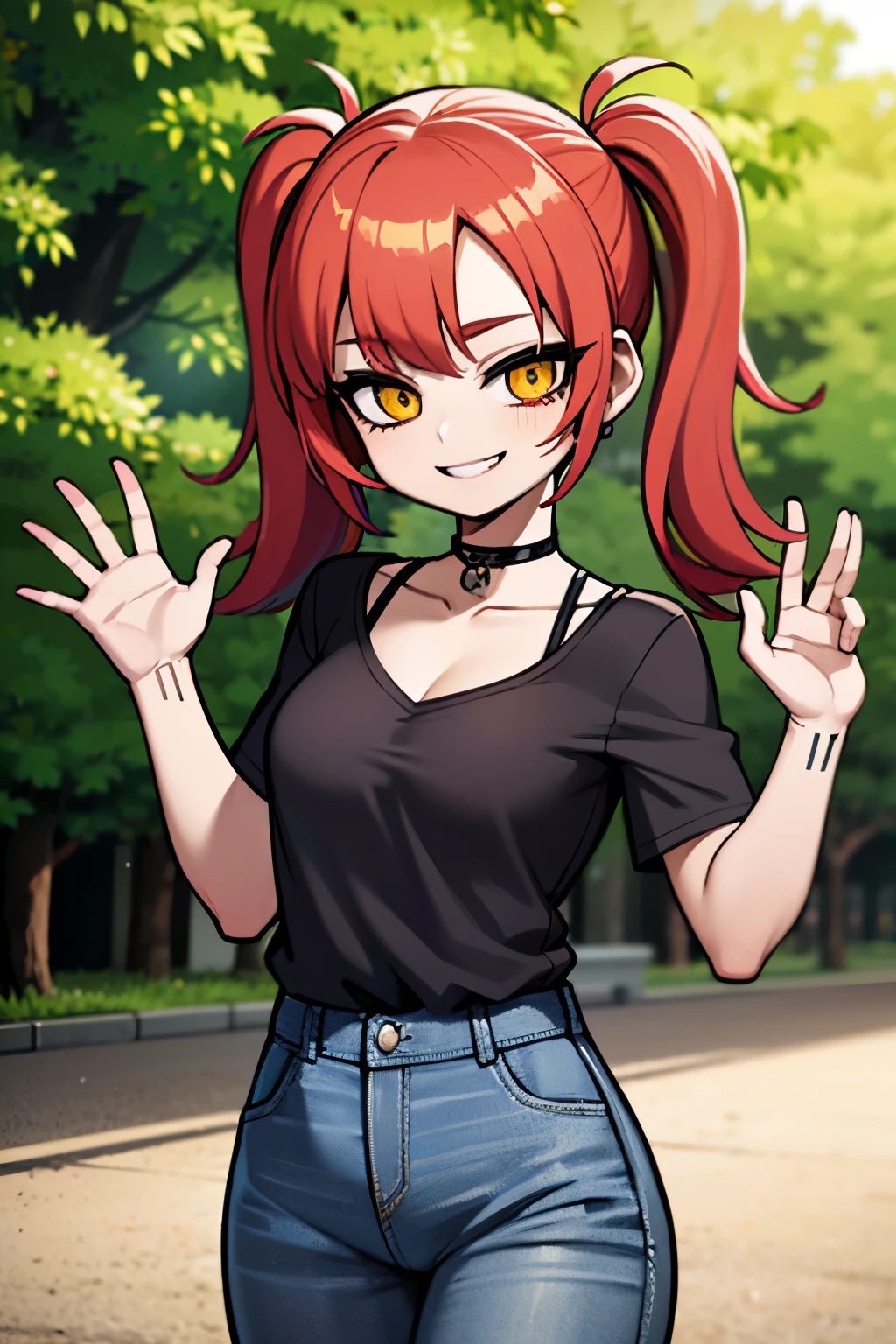 girl, small breasts, red hair, pink bangs, twintails hairrstyle, girl, wearing black shirt, wearing neck lace, silver neck lace, jeans short, , smiling, looking at viewer, yellow eyes, in a park, threes behind, 4k, masterpiece, 8k,