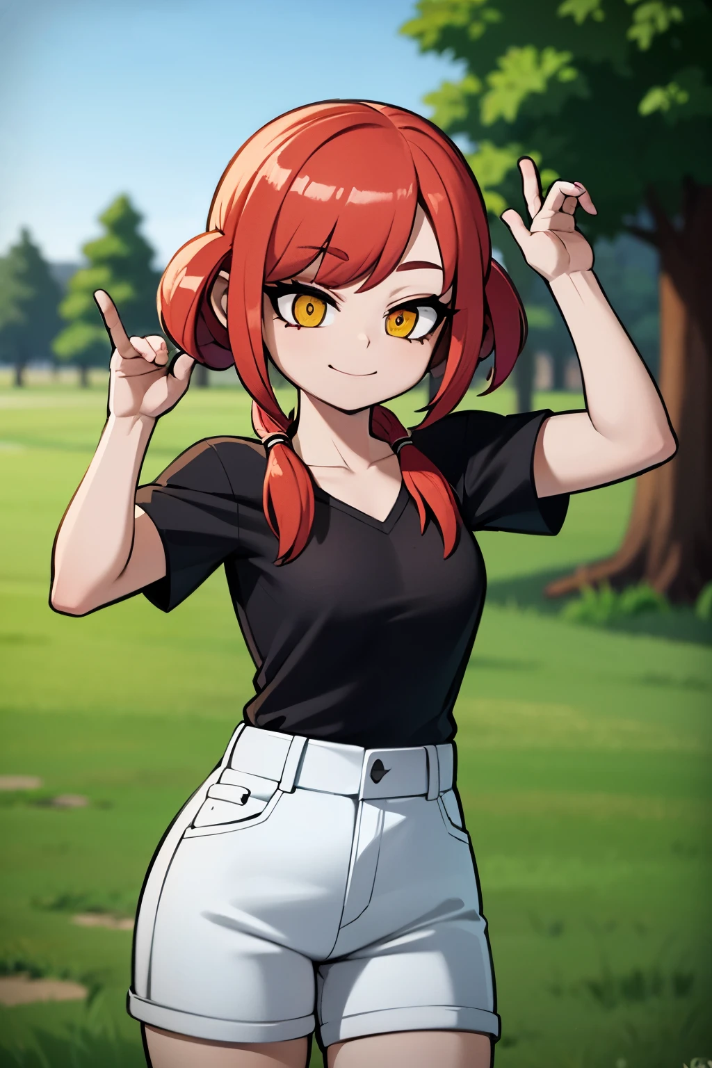 girl, small breasts, red hair, pink bangs, twintails hairrstyle, girl, wearing black shirt, wearing neck lace, silver neck lace, jeans short, , smiling, looking at viewer, yellow eyes, in a park, threes behind, 4k, masterpiece, 8k,