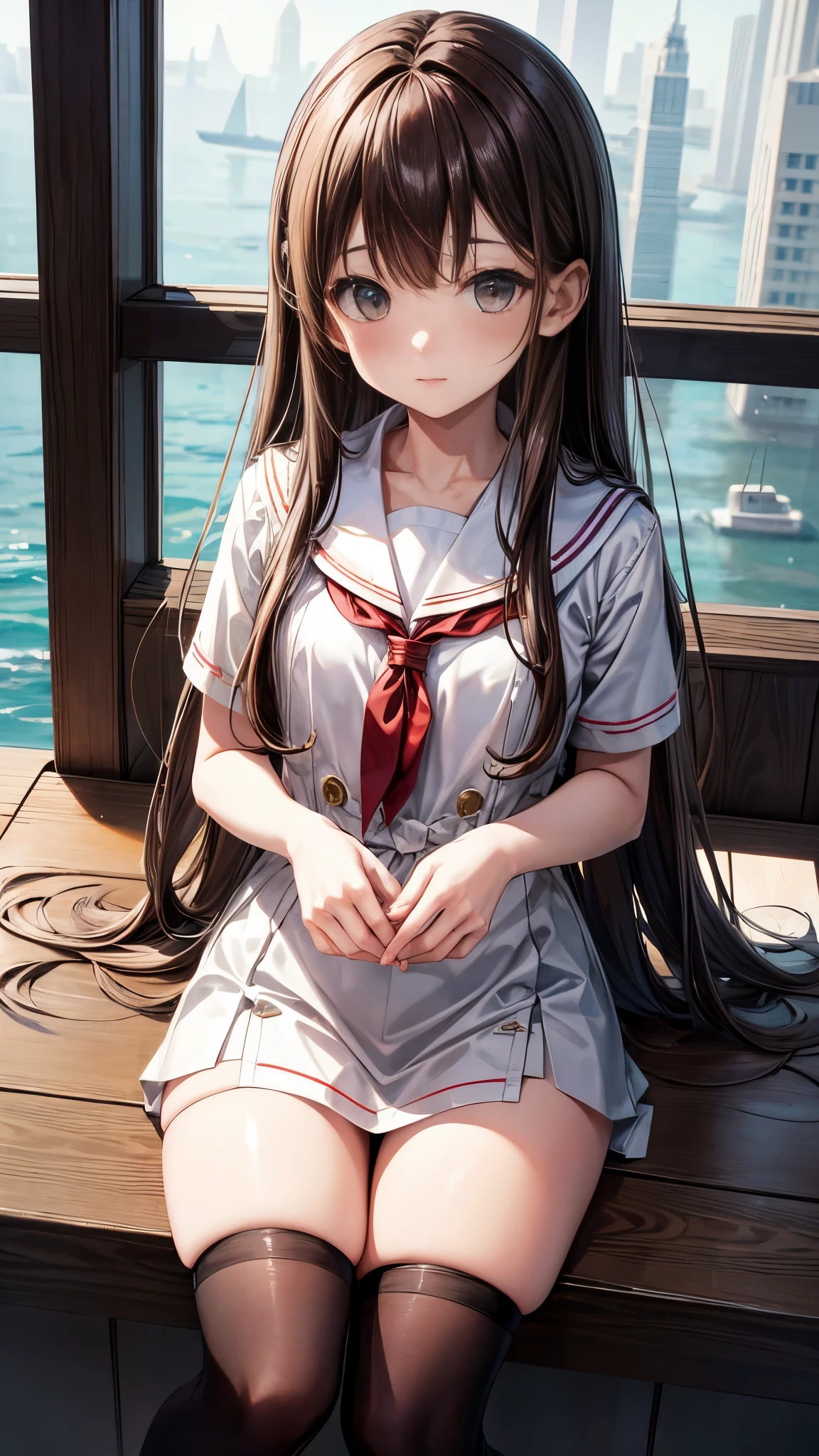 brown hair、long hair、white sailor suit、black stockings、masterpiece, best quality, 8K