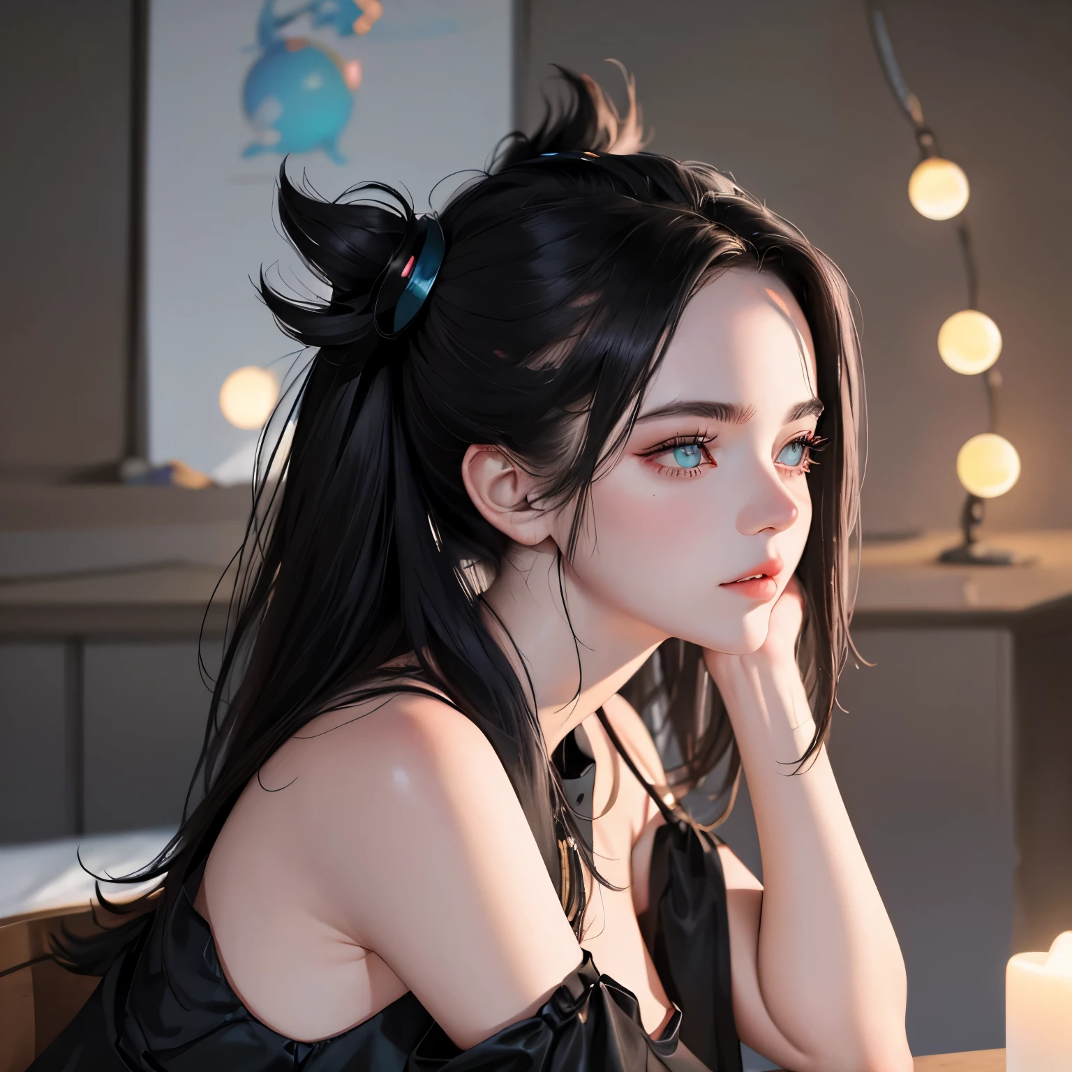 An exquisite masterpiece of top quality and high resolution featuring Marnie. Big sleepy eyes, Aqua eyes、Glowing under the dim light. black hair, much hair, messy hair, only head and shoulders, magazine style, pink top, russian woman, adult woman, hyperrealistic.
