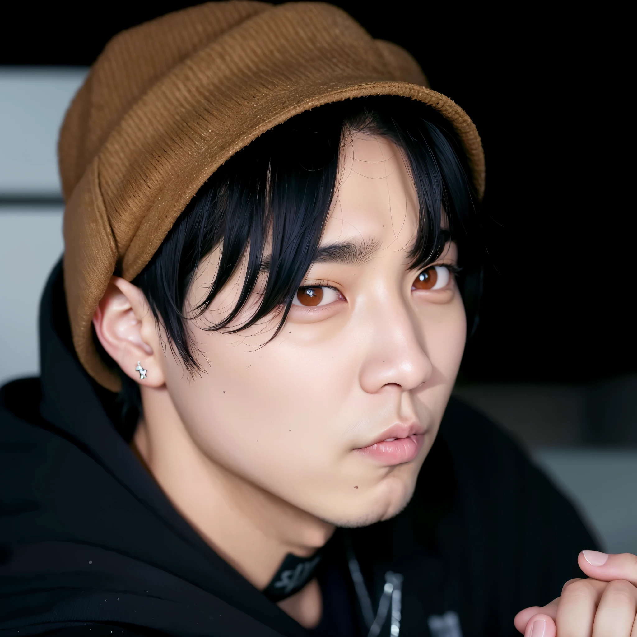 arafed asian man with a brown hat and piercings, jungkook, yoongi de pelo negro, cai xukun, taken in the early 2020s, Jimin\his right eyelid is swollen, TaeJune Kim, hyung tae, pale korean adorable face, parece un minion humano, Jinyoung Shin, kim doyoung, hong junio hyung, bts Jungkook, asian man face, Idol de kpop Jeon Jungkook, cara de hombre 