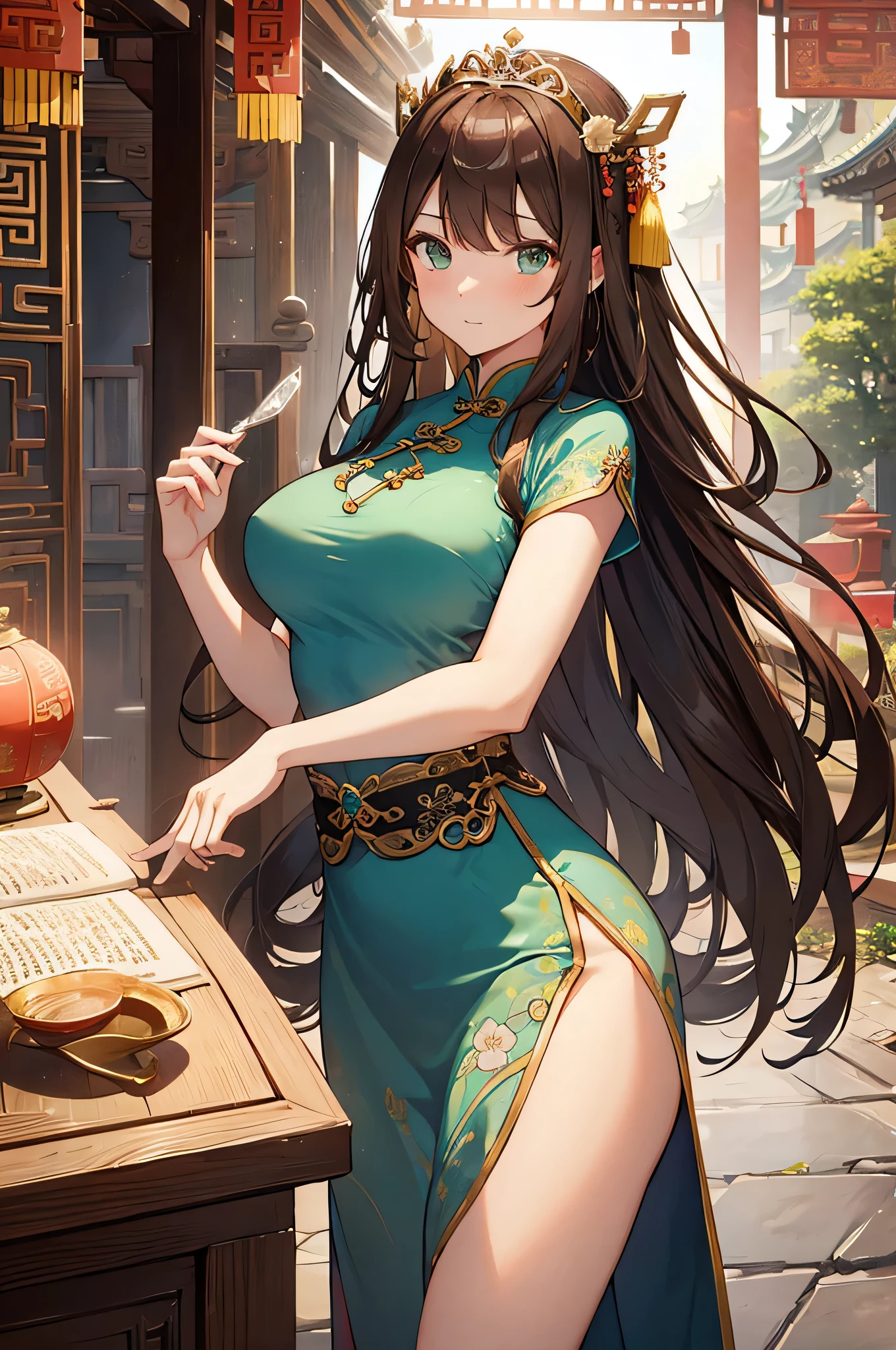 4K,High resolution,one woman,brown hair,long hair,green eyes,big breasts,ancient chinese bard,light blue fantasy cheongsam,removed sleeve,princess tiara,Jewelry Decoration,Ancient Chinese Villages