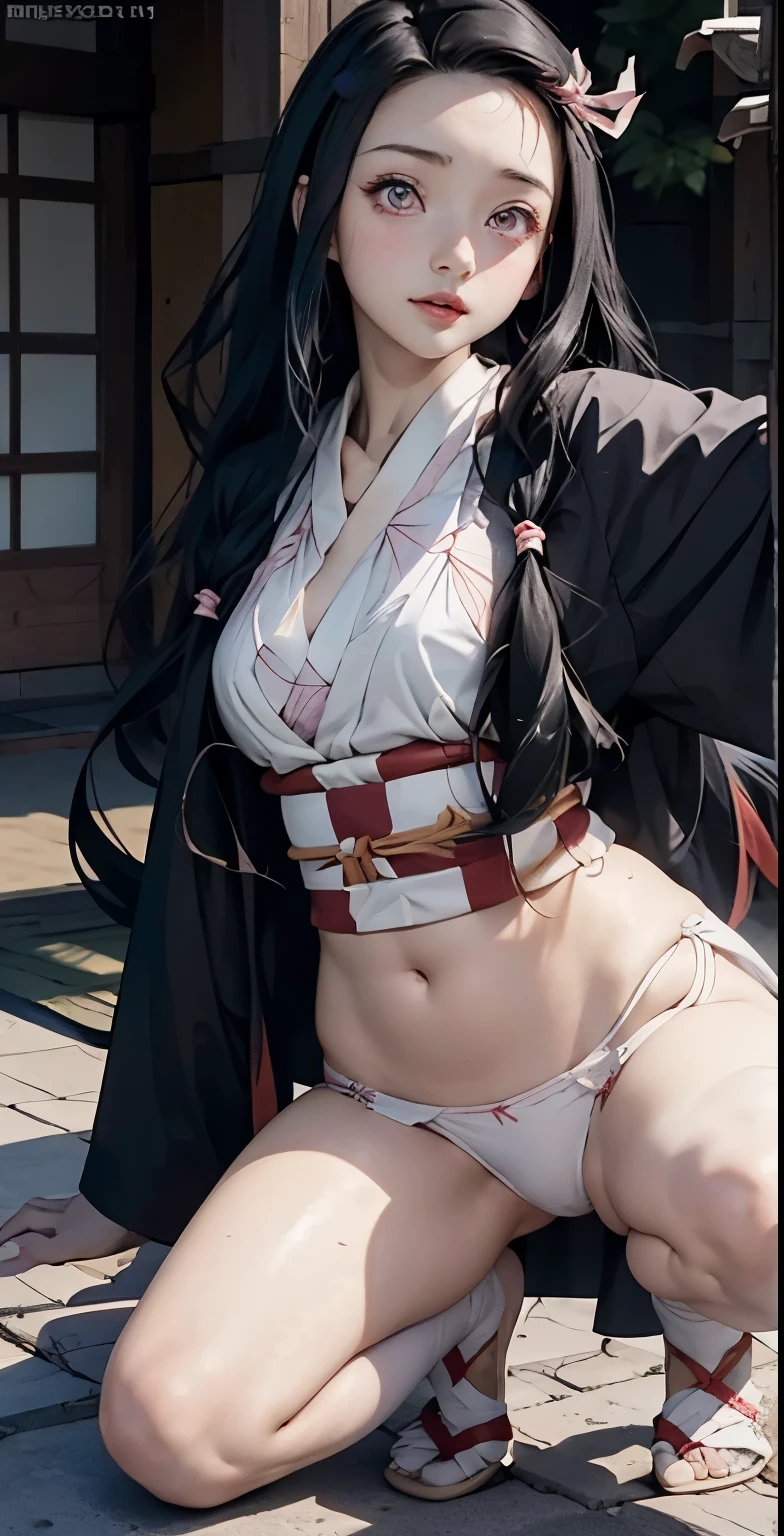 (*K) HD, highest quality, WorKs of masters, High resolution, spread legs、show white panties,1 girl, nezuKo Kamada, ((nezuKo of demon slayer)) super beautiful face, Super beautiful eyes, Super beautiful hair,trendy outfit,magazine cover,sexy and attractive,explosion of colors,BlacK color hair,Big hairpin,full body esbian,squatted