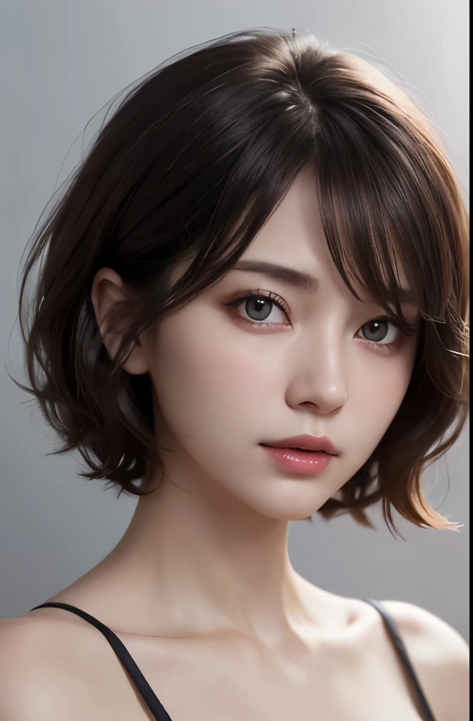 cinematic lighting、soft light、High resolution skin:1.2、realistic skin texture、30 year old mature woman、small face、no makeup、Bust B Cup、、Detailed beautiful eyes、short hair、dark brown hair、Cool beauty、gray background