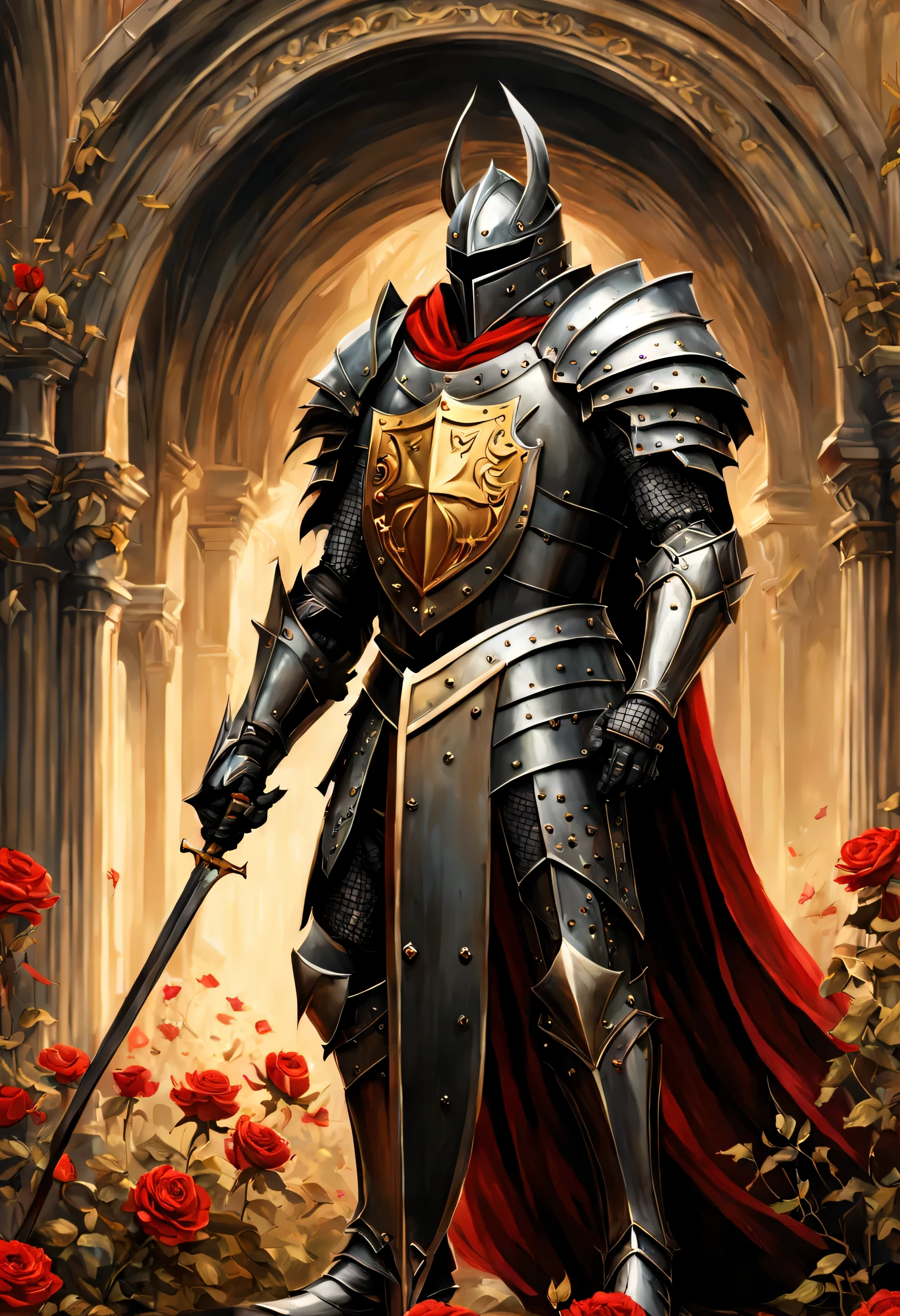 full length wide angle view Glorious Glorious Brigh Monarch King Knight wuth a (Shield:1.5) in a highly detailed Heavy black Knight armor guilded with gold,silver in a High holding a Gold and black and Crimson (Shield:1.5) ; gothic castle background; photorealistic, insanely detailed, meticulous, awe inspiring, magnificent, concept art, dark fantasy, gothic; Anne Stokes, Anna Dittman, Greg Rutowski, Josephine Wal High Gothic Dark Fantasy DarkSouls EldenRings Enchanted:Gothic : watercolor Glorious Brigh Monarch King Knight with a Long warm cloak holding a Long enchanted round (Shield:1.5) in a highly detailed Heavy black Knight armor guilded with gold,silver in a field of Colorfull Roses under an Eclipse ::| hyperdetailed: maximalist ::| Stunning masterpiece::| Jonas De Ro: russ mills, white roses and Blood red Roses under a warm Autumnal Morning Sunlight, Mark Brooks and Dan Mumford, comic book art, perfect, smooth, in Gouache Style, Watercolor, Museum Epic Impressionist Maximalist Masterpiece, Thick Brush Strokes, Impasto Gouache, thick layers of gouache watercolors textured on Canvas, 8k Resolution, Matte Painting