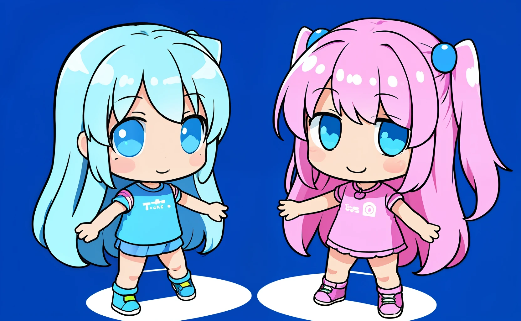 ((best quality)), ((ultradetailed)), ((masterpiece)), The 3D full body art of two super cute sisters, pretty eyes, big eyes, cute, happy, c4d, pop Matt Blind Box, rainbow, new sneakers, white background, chibi, fluorescent translucent, glowing body, kawaii, doll, T holding hands pose, reference sheet, pop mart blind box, Pixar, intricate details, symmetrical anatomy bodies, rendering 3d, blender, OC renderer, foll body reference sheet, dribble, high details, studio lighting, , , , chibi , character SD:1.1, resolution: 8K.