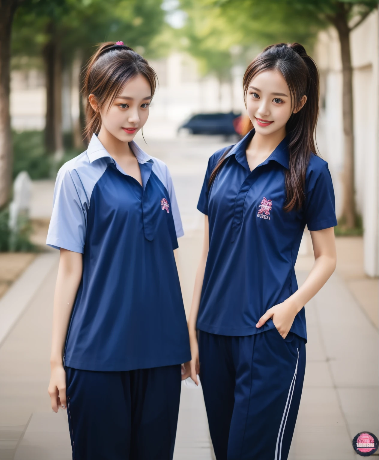 3 girls in fitness center, Navy blue short-sleeved shirt,Navy Long Trackpant,Sweatpants, Sweatpantsขายาว,25 year old girl, lesbian, sexy, exercise clothes, wet body, exercise clothes