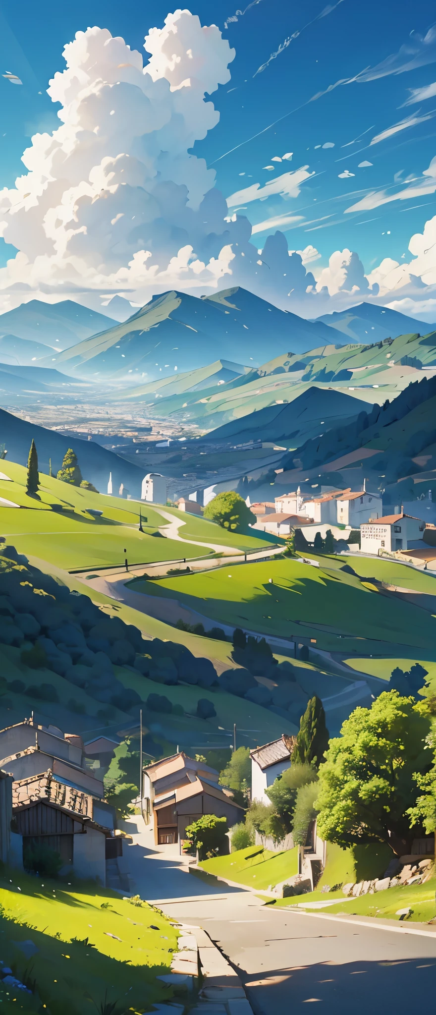 casas y una ciudad al fondo rodeadas de verdes montallas dia soleado nubes blancas