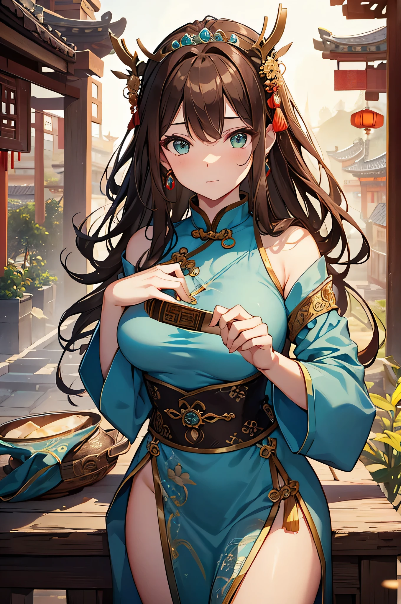 Immortal Cultivation风格,中式Immortal Cultivation风格,Fantasy style,Chinese background,Xianxia Background,Xianxia style background,Fantasy style背景,Pavilion background。Fairy,Fairy,HanfuFairy,Hanfu,Hanfu女性,Traditional Chinese hairstyle,Hairpin,Hairpin,Hairpin,Step head ornaments,Chinese hair accessories,maternal,maternal,A loving smile,Gentle smile,Immortal,Immortal Cultivation,Fairy,Big breasts,Big Ass,Hanfu,Hanfu,露肩Hanfu,Off-shoulder dress,