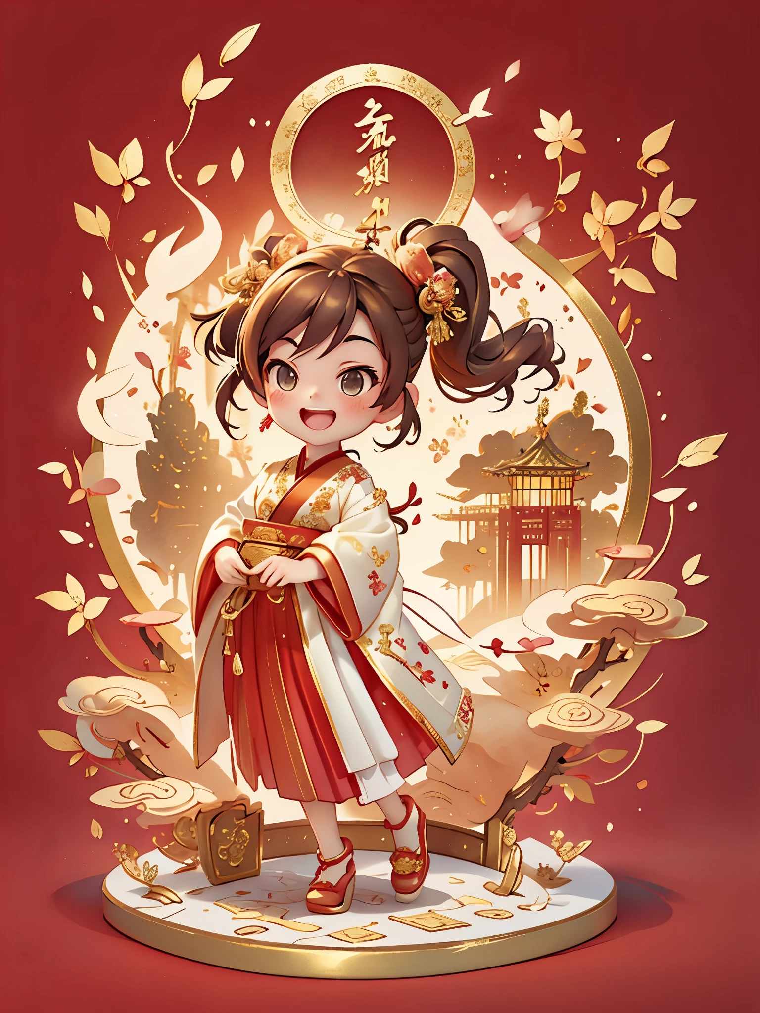 Create a series of Chinese New Year themed greeting cards，（masterpiece)，(best quality)，(official art)，(Beauty and aesthetics:1.2)，((3D))，Cute little girl holding a box full of gold coins，Treasure chests, treasures，Smiling happily to the audience，open mouth，The little girl must be wearing exquisite classical Hanfu，((long skirt))，She has brown twintails，All greeting cards should follow the same Chinese red pattern with a solid color background and be complete within the image, exhibit (whole body: 1.5)，She must have a dark brown twintails，Your eyes should be large and expressive，long eyelashes and rosy cheeks，Smile is delicate and white，elegant movements，gold foil，gold foil艺术，Flash drawing，