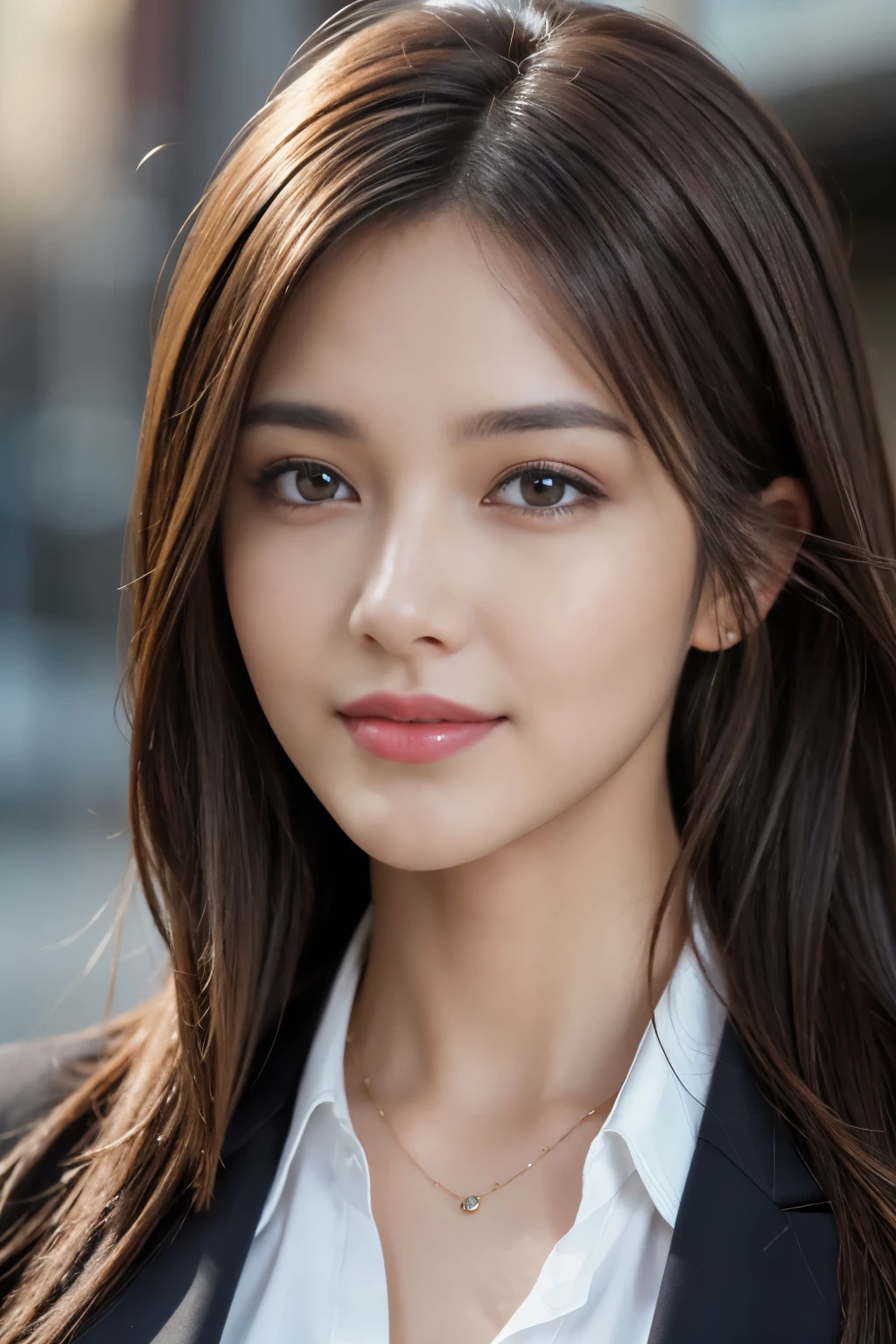 masterpiece, highest quality, realistic, Super detailed, attention to detail, High resolution, 8k wallpaper, one beautiful woman,, light brown messy hair, wearing a business suit, sharp focus, perfect dynamic composition, beautiful and fine eyes, fine hair, Detailed realistic skin texture, smile, close-up portrait, model body shape