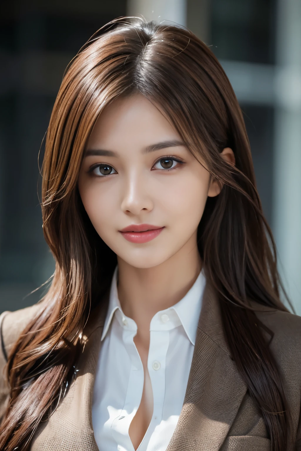 masterpiece, highest quality, realistic, Super detailed, attention to detail, High resolution, 8k wallpaper, one beautiful woman,, light brown messy hair, wearing a business suit, sharp focus, perfect dynamic composition, beautiful and fine eyes, fine hair, Detailed realistic skin texture, smile, close-up portrait, model body shape