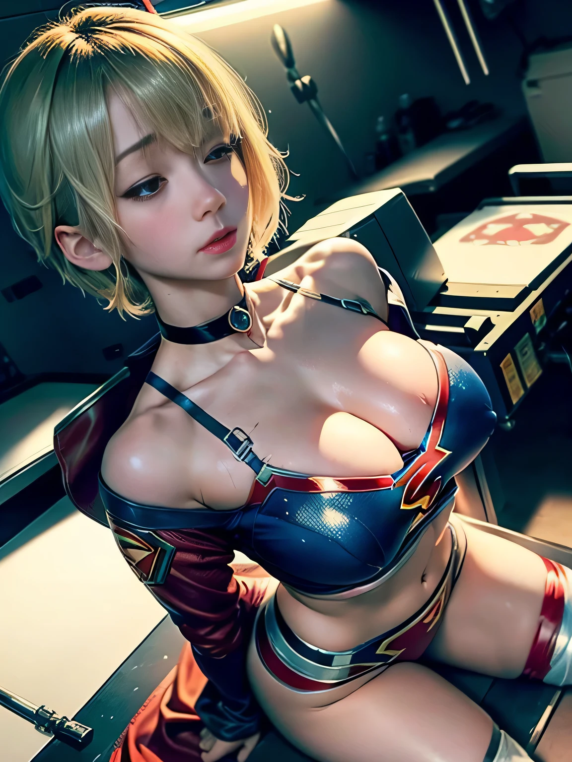 masterpiece、Injured short-haired Supergirl sleeping on the operating table in the operating room..、tattered clothes、big and full breasts、look at the camera、shiny costume、milking machine、cloudy liquid、Bukkake、Covered with lotion、medical equipment、choker、exhausted、long sleeve、barefoot、red lime