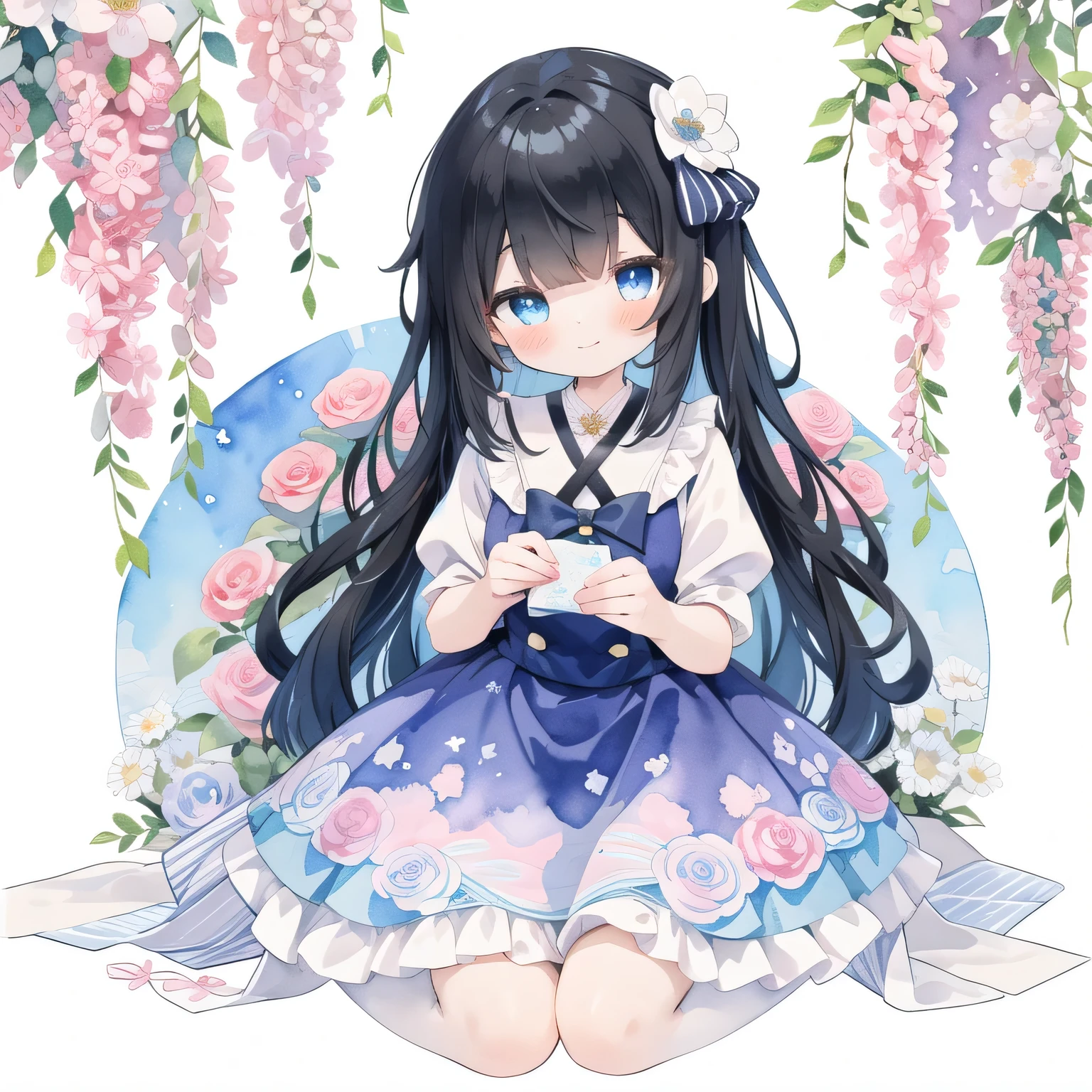 1女の子、(PastelColors:1.3)、(Cute illustration:1.3)、(watercolor paiting:1.1)、highest quality, masterpiece, surreal, High resolution, very detailed, 8K, (one girl:1.3), cute, anime, clear white skin,Yumekawa、fancy、pastel、sheep、sheepのツノ、黒いsheep、black hair、curl hair、wavy hair、cute smile、Deacon service、gentlemanly behavior、cool、Curtsey、bow、blue eyes、Feeling like a young lady、detailed、transparent watercolor、watercolor painting、Upper body、sweet、Cute as a dream、full body ta、laugh,ハッピースマイリー、はにかむ笑顔、holding bunch of flowers、reacing outflowers、The entire background is pale purple、Purple Fantasy,reacing outflowers