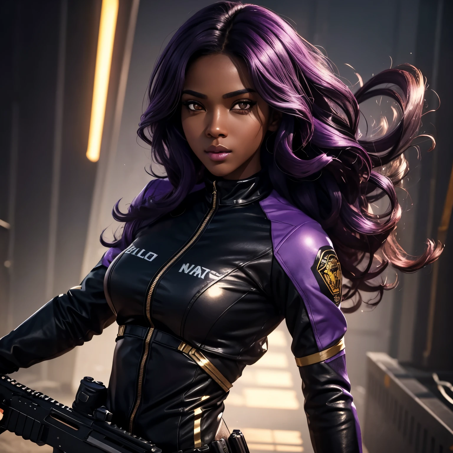 A cute girl with brown skin, sexy body, wavy purple hair [with shades of black], golden eyes (shiny), ultra realistic eyes, with a pistol, jumping, with sniper outfit, Valorant Riot game, round face, realistic lighting, Radiosity, Close UP.
