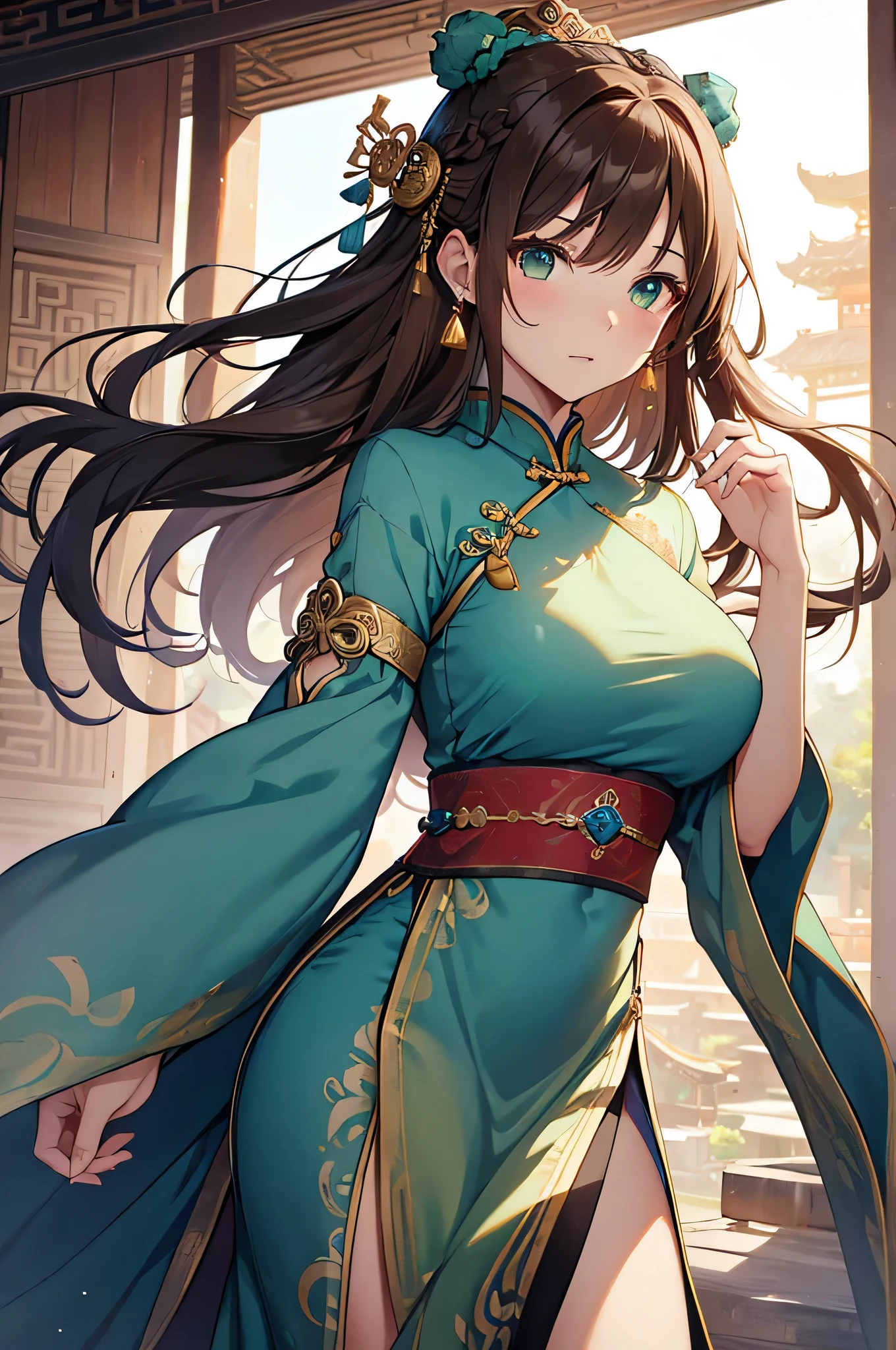 4K,High resolution,one woman,brown hair,long hair,green eyes,big breasts,ancient chinese bard,light blue fantasy cheongsam,removed sleeve,princess tiara,Jewelry Decoration,Ancient Chinese Villages