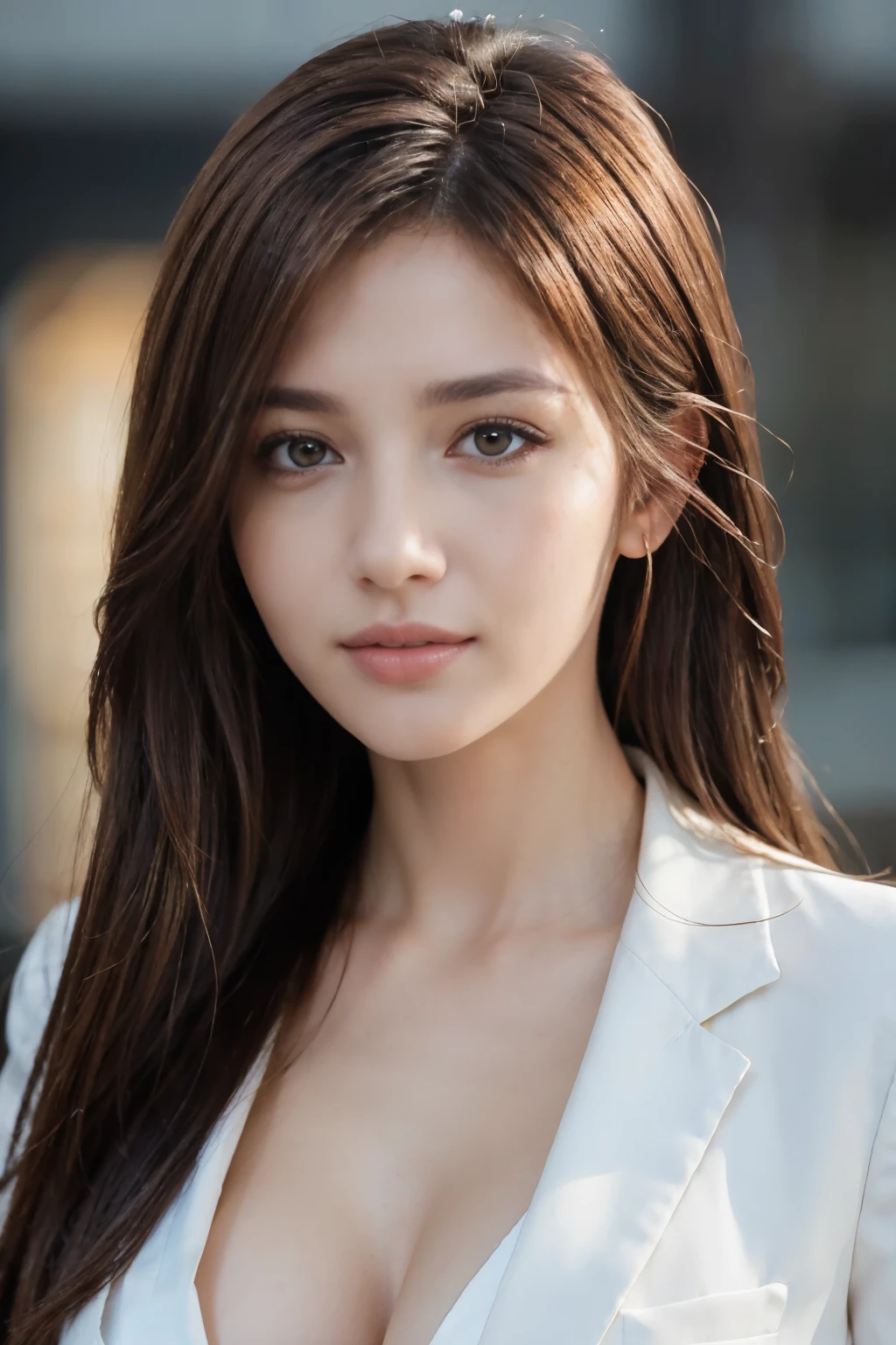 masterpiece, highest quality, realistic, Super detailed, attention to detail, High resolution, 8k wallpaper, one beautiful woman,, light brown messy hair, wearing a business suit, sharp focus, perfect dynamic composition, beautiful and fine eyes, fine hair, Detailed realistic skin texture, smile, close-up portrait, model body shape