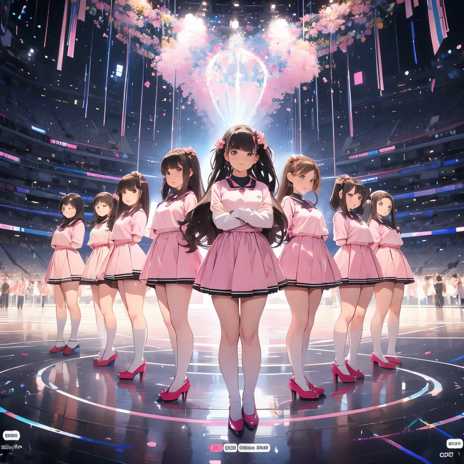 Perfect anime illustration, Multiple Girls, Thousands of girls, Millions of girls, clone, Identical sister, An orderly line of sisters, An orderly line of sisters, Sisters standing in a line, Sisters in the background, Brown Hair, Curly Hair, Matching hairstyle, Hazel Eyes, smile, ((Matching outfits, Pink Uniform, High heels)), Matching hairstyles, White Background, High resolution, whole body, Pause、Camel Toe、Giant tit、Nipple Puffs、Cleavage、Plump、Super big breasts、Super big butt