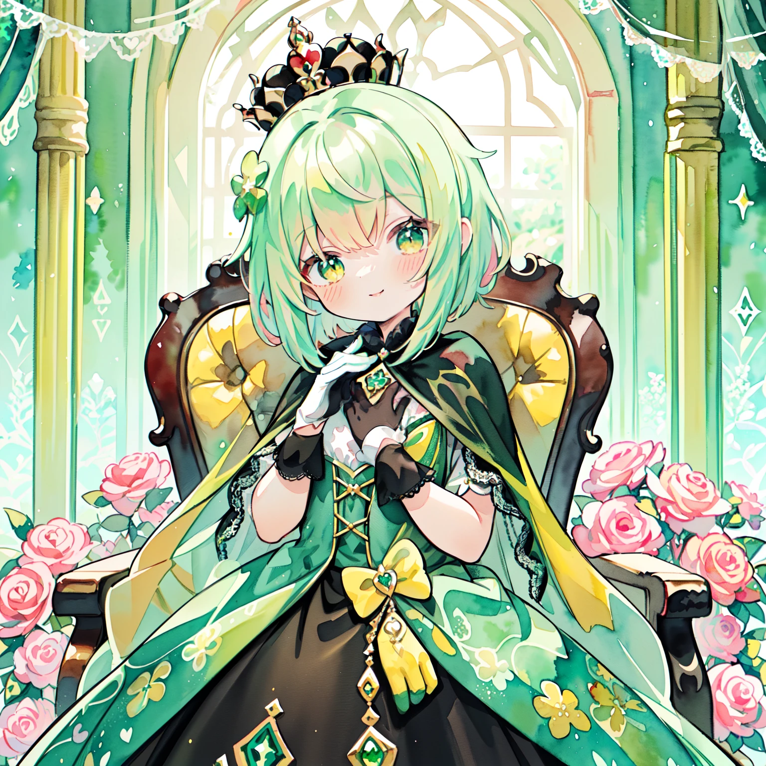 1女の子、(PastelColors:1.3)、(Cute illustration:1.3)、(watercolor paiting:1.1)、highest quality, masterpiece, surreal, High resolution, very detailed, 8K, (one girl:1.3), cute, anime, clear white skin,Yumekawa、4 girls, 1st (White and red wavy hair, dumpling hair, hair in one piece, beautiful hair, cute composition, depth of boundaries, beautiful soft illustration, watercolor style, light red hair, heart many hearts fluffy smile Queen of Hearts Lace Gloves Red Frill Dress Volume One Piece Queen's majesty Red and Pink), 2nd (White and yellow wavy hair, (dango hair), short hair, beautiful hair, beautiful composition, depth of field, beautiful soft illustration, watercolor style, light gold hair, diamonds, ♦️, diamond queen's crown, lace gloves (yellow lace gloves) yellow frill dress volume dress、Diamonds ♦️ are scattered), 3rd (White and green wavy hair, beautiful hair, beautiful composition, depth of field, beautiful soft illustration, watercolor style, light green hair, clover, many clover ♣️, Queen's crown (slit dress) lace gloves (yellow green lace gloves) green slim dress (one hand on waist), beautiful smile, Queen's majesty, Green Castle, Beautiful Queen, Details, Sparkling, Green and Dark Green, Club ♣ Scattered, Smile), 4th (White and black wavy hair, beautiful hair, beautiful composition, depth of field, beautiful soft illustration, watercolor style, light black hair, short hair, spades, many clover ♠️ , Queen of spades crown , throne , hand on chin , armrest , black lace gloves , smile , queen majesty , details, black and purple, wearing a cloak, black cloak, open-chested dress, beautiful queen), group photo, Good friends, all smiles, happiness, four very close girls