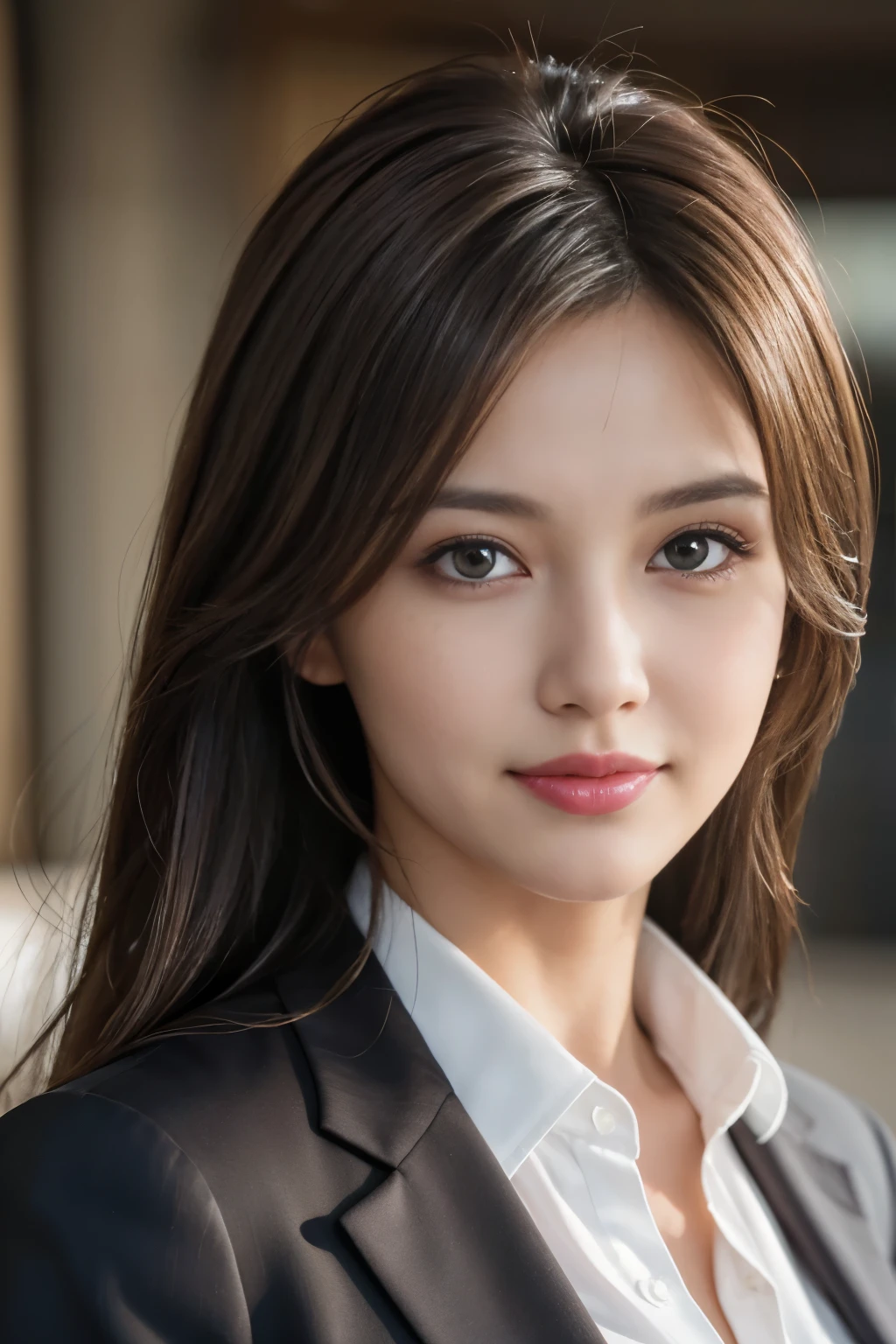 masterpiece, highest quality, realistic, Super detailed, attention to detail, High resolution, 8k wallpaper, one beautiful woman,, light brown messy hair, wearing a business suit, sharp focus, perfect dynamic composition, beautiful and fine eyes, fine hair, Detailed realistic skin texture, smile, close-up portrait, model body shape