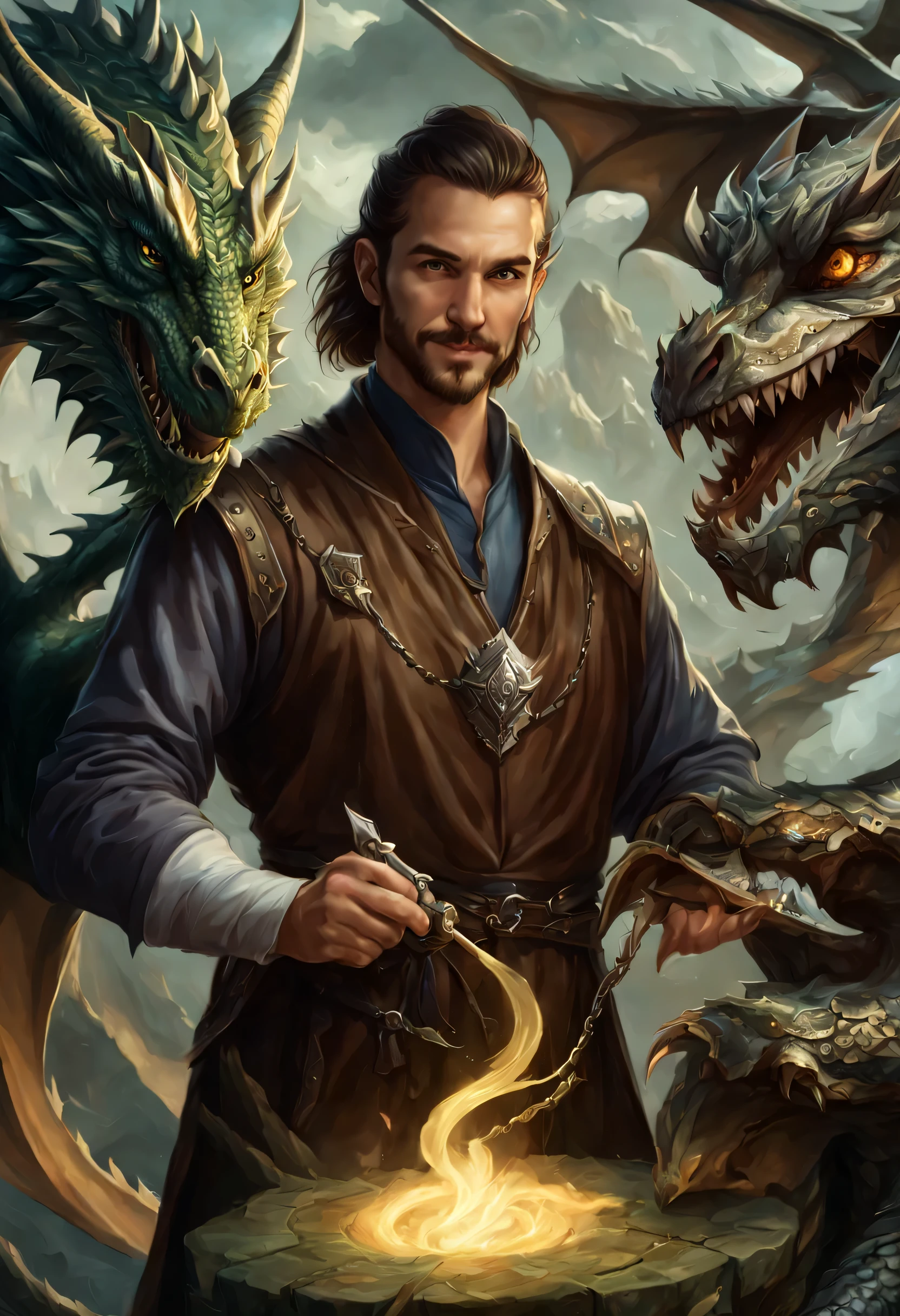 there is a man holding a dragon and a dragon on his hand, graphic artist magali villeneuve, fantasy art smug smile man, fantasy card game art, hyperrealistic d & d fantasy art, d & d fantasy digital art, male artificer, dnd character art portrait, dungeons and dragons fantasy art, by Magali Villeneuve, d & d character portrait