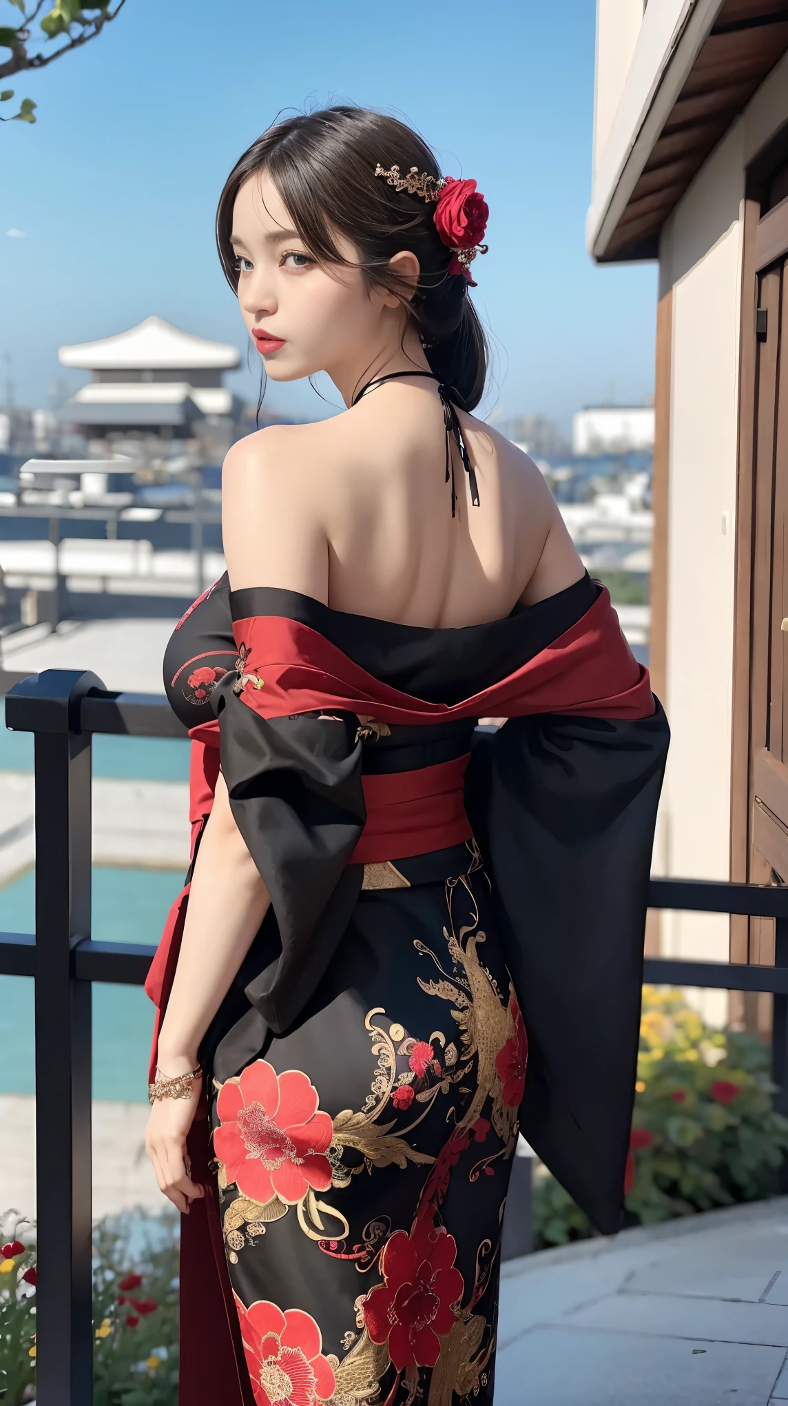 masterpiece, top quality, best quality, official art, beautiful and aesthetic:1.2),1girl, tattoo, solo, japanese clothes,sexy intricate red and black kimono, hair ornament, unsheathing, black hair, sheath, back tattoo, dragon tattoo, blue eyes, off shoulder, bare shoulders, flower, looking at viewer, holding, makeup, outdoor, big breasts and hourglass figure 