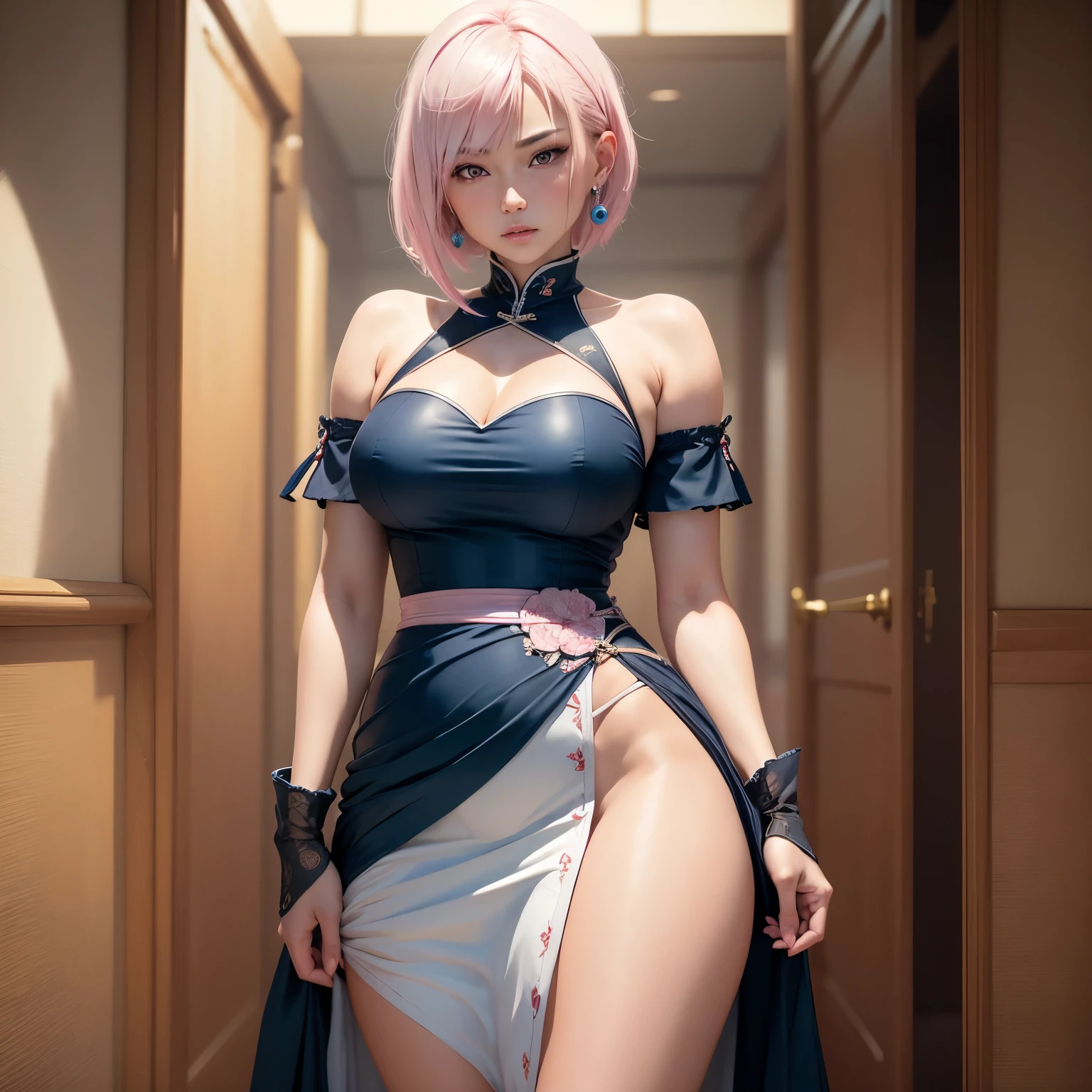 8k, masterpiece, best quality, realistic, higly detailed, cowboy shot, 1girl, solo, Ichika Nakano, very short hair that has a single long strand on the right side, white-pink hair, a single earring, dark blue eyes, average height, well-endowed figure, large breasts, cute, Chinese Dress
