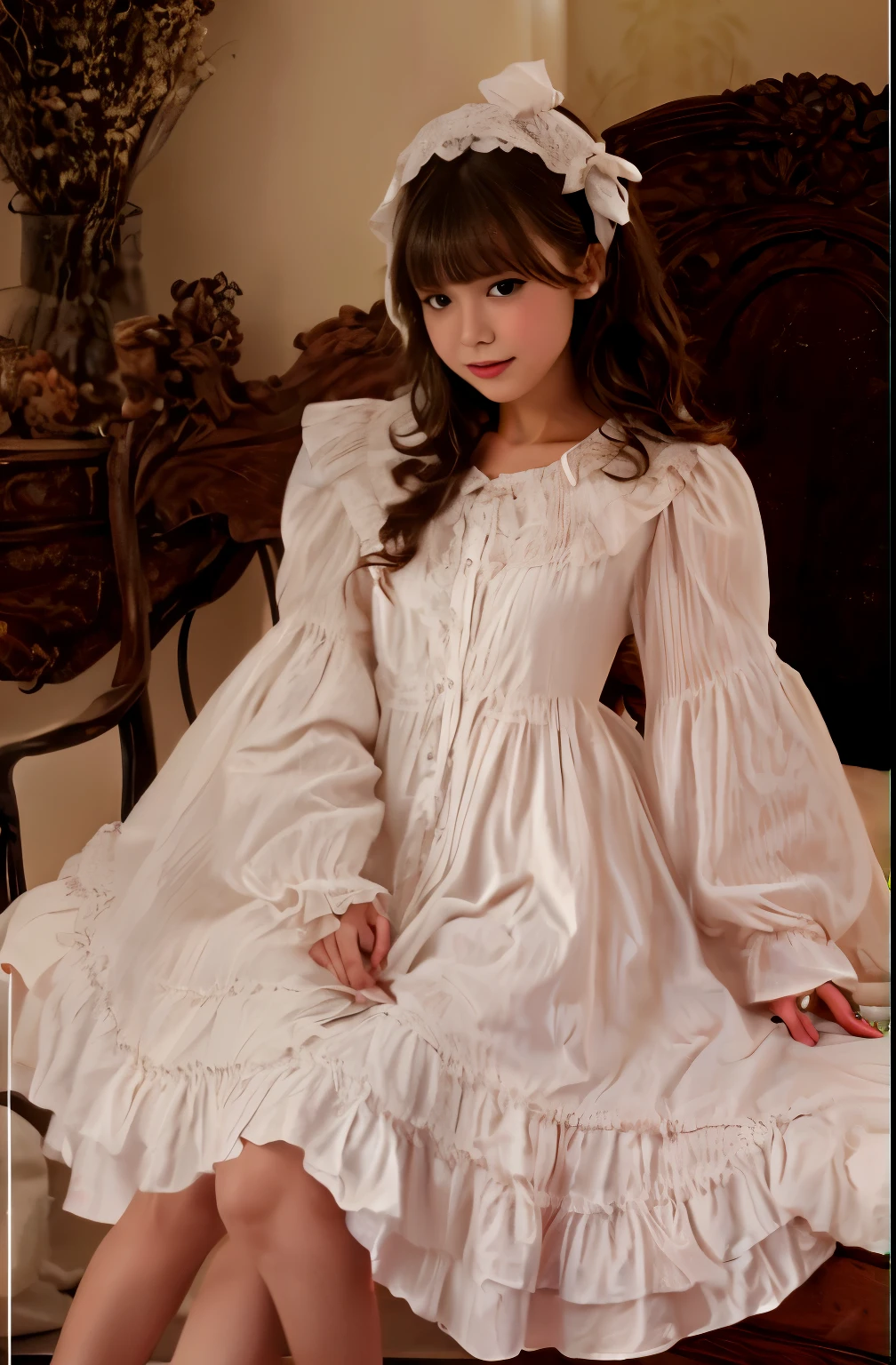 ,highest quality, masterpiece, highest resolution, artwork, super それにget used to it, many get used to it, get used to it, それにget used to it, 3K realistic photos,,(( girl)),Super detailed baby face,
girl illustration,detailed beautiful face detailed hair,detailed human eye ,detailed mouth, arm details,detailed hand,
european,(((blonde with super long rolls))),blue eyes,pajamas,night wear,((((white nightgown)))),((フリルとリボンが沢山付いたwhite nightgown)),((1920 style nightgowns)),((round nightcap)),,((Nightcap with frills and ribbons)),victorian nightgowns,Yoke collar with ruffles and ribbons,Long sleeves with ruffles,Long skirt up to the ankle,((The whole body is reflected)),hugging a pillow with large frills and ribbons,detailed costumes,Detailed pillow,Sitting on the bed,
