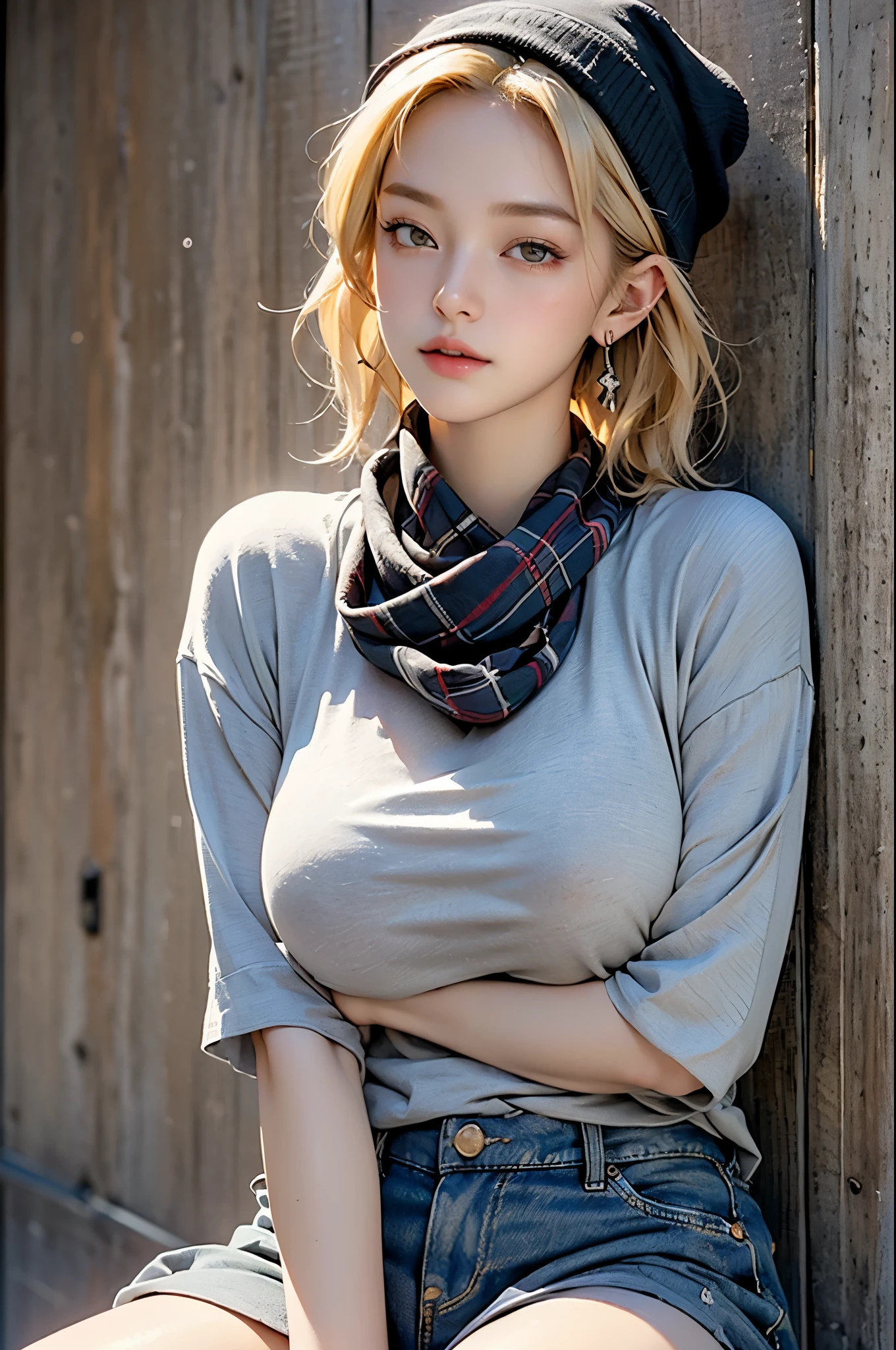 A 20-year-old female、(​Masterpiece:1.4)、(top quality:1.4)、(serious:1.1)、ultra high resolution、high detail、beautiful facial features、Blonde short bob、sunglasses、earrings、knit hat、tartan scarf、A black T-shirt、shorts、(Big breasts:1.3)、blush、stand against wall，(huge breasts:1.2),wet skin