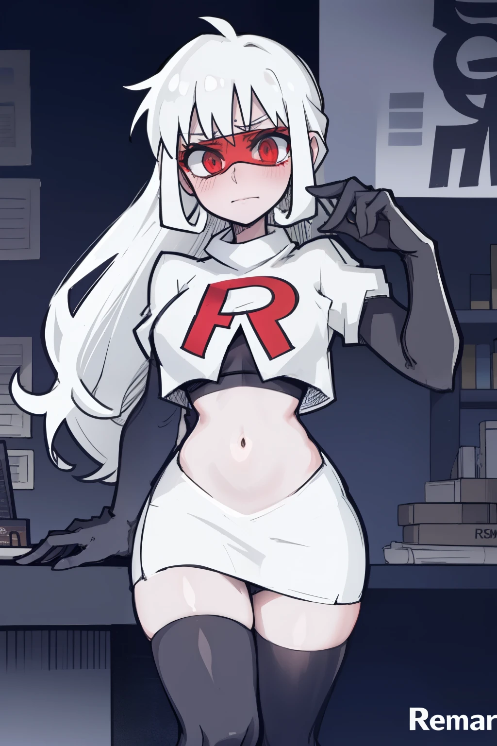masterpiece, best quality,loremaster with goggles,red eyes, white hair,team rocket,team rocket uniform,white skirt,red letter R,crop top,black thigh-highs,black elbow gloves, comic strip