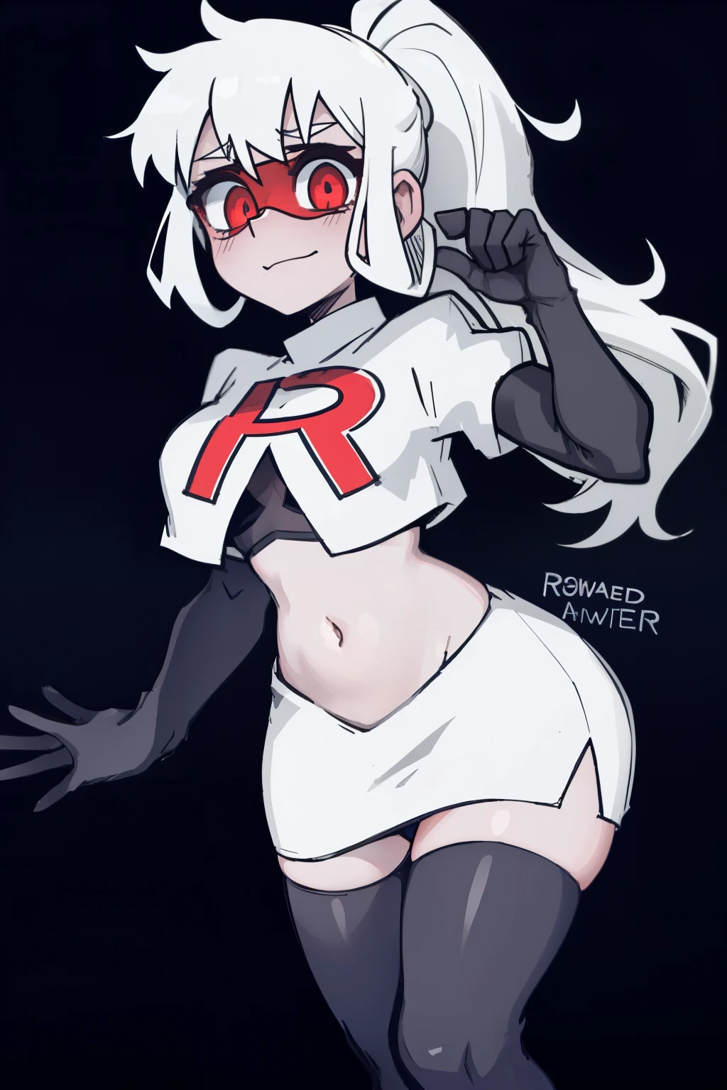 masterpiece, best quality,loremaster with goggles,red eyes, white hair,team rocket,team rocket uniform,white skirt,red letter R,crop top,black thigh-highs,black elbow gloves, comic strip