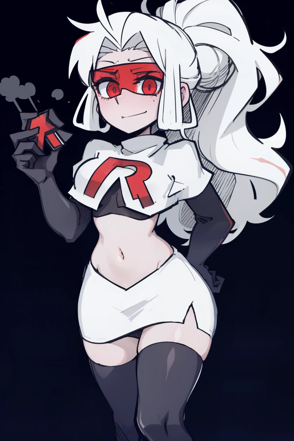 masterpiece, best quality,loremaster with goggles,red eyes, white hair,team rocket,team rocket uniform,white skirt,red letter R,crop top,black thigh-highs,black elbow gloves, comic strip