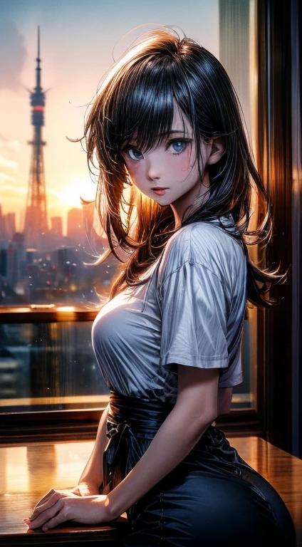 (best quality, 8k, high res, photorealistic:2.0), (solo, one girl:2.0), (lighting: strong),  looking away, Anime scene of a man sitting on a windowsill holding a mobile phone, ((watching the sunset)). Anime, Makoto Shinkai Cyril Rolando, conrad roset and makoto shinkai, lofi-girl, Lofi art, tokyo anime anime scene, Praise Artstyle, inspired by Liam Wong, loish art style, in the style of makoto shinkai